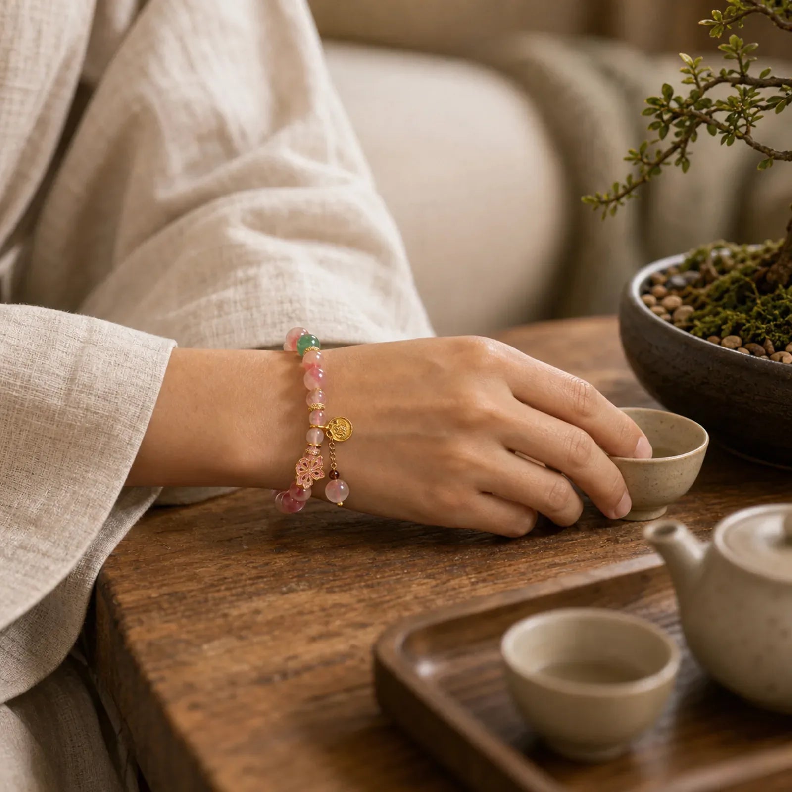 Gradient Pink Cat's Eye Butterfly Peace Bracelet featuring Cat's Eye / Chrysoberyl, Butterfly, Feng Shui Butterfly