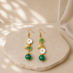 Green Agate Bead White Flower Bird Power Drop Earrings featuring Green Agate, Copper