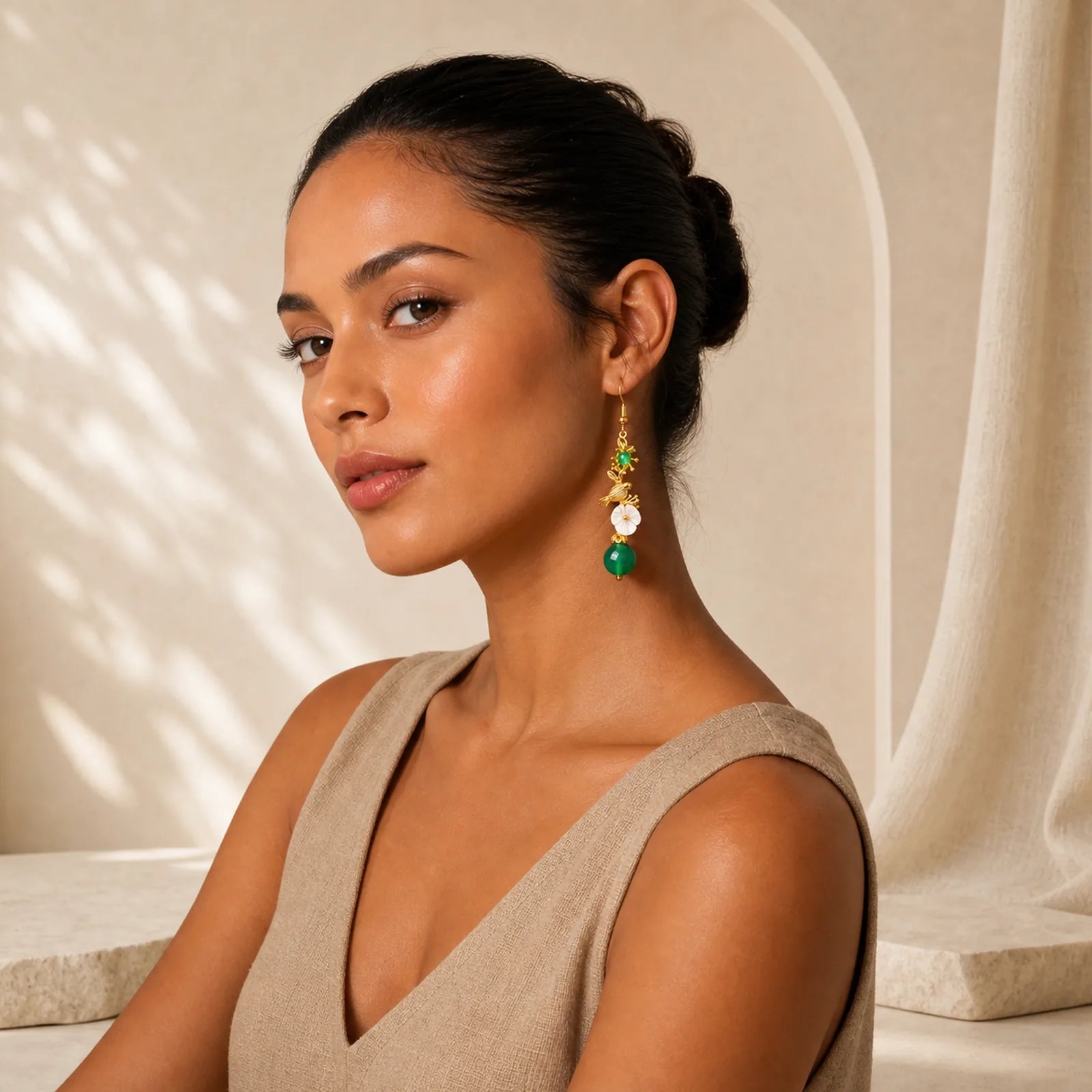 Green Agate Bead White Flower Bird Power Drop Earrings featuring Green Agate, Copper