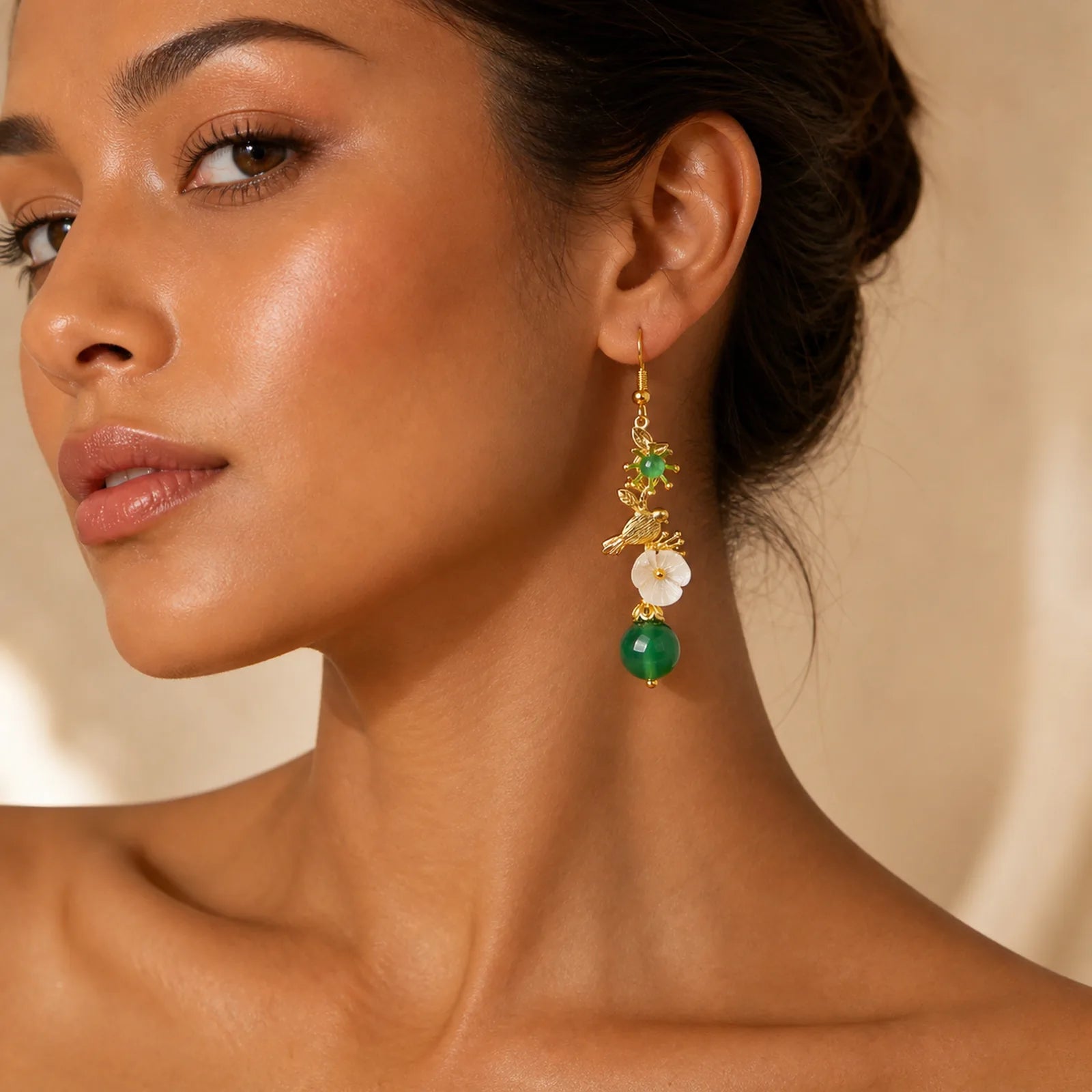 Green Agate Bead White Flower Bird Power Drop Earrings featuring Green Agate, Copper