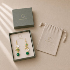 Green Agate Bead White Flower Bird Power Drop Earrings featuring Green Agate, Copper