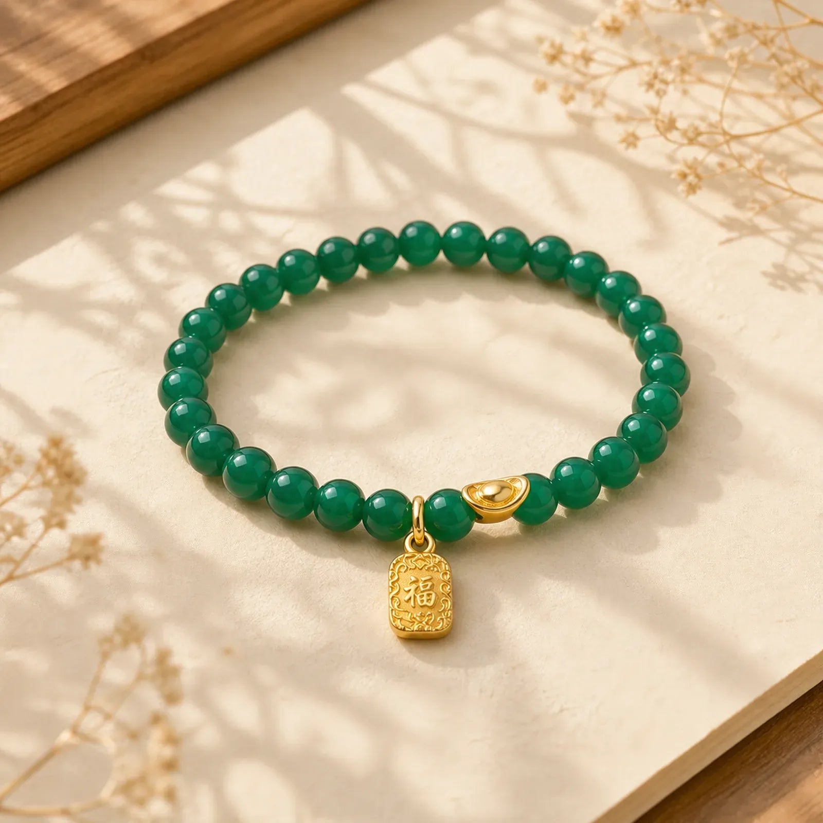 Green Agate Ingot Fu Character Relaxation Hope Bracelet featuring Green Agate, Fu Character