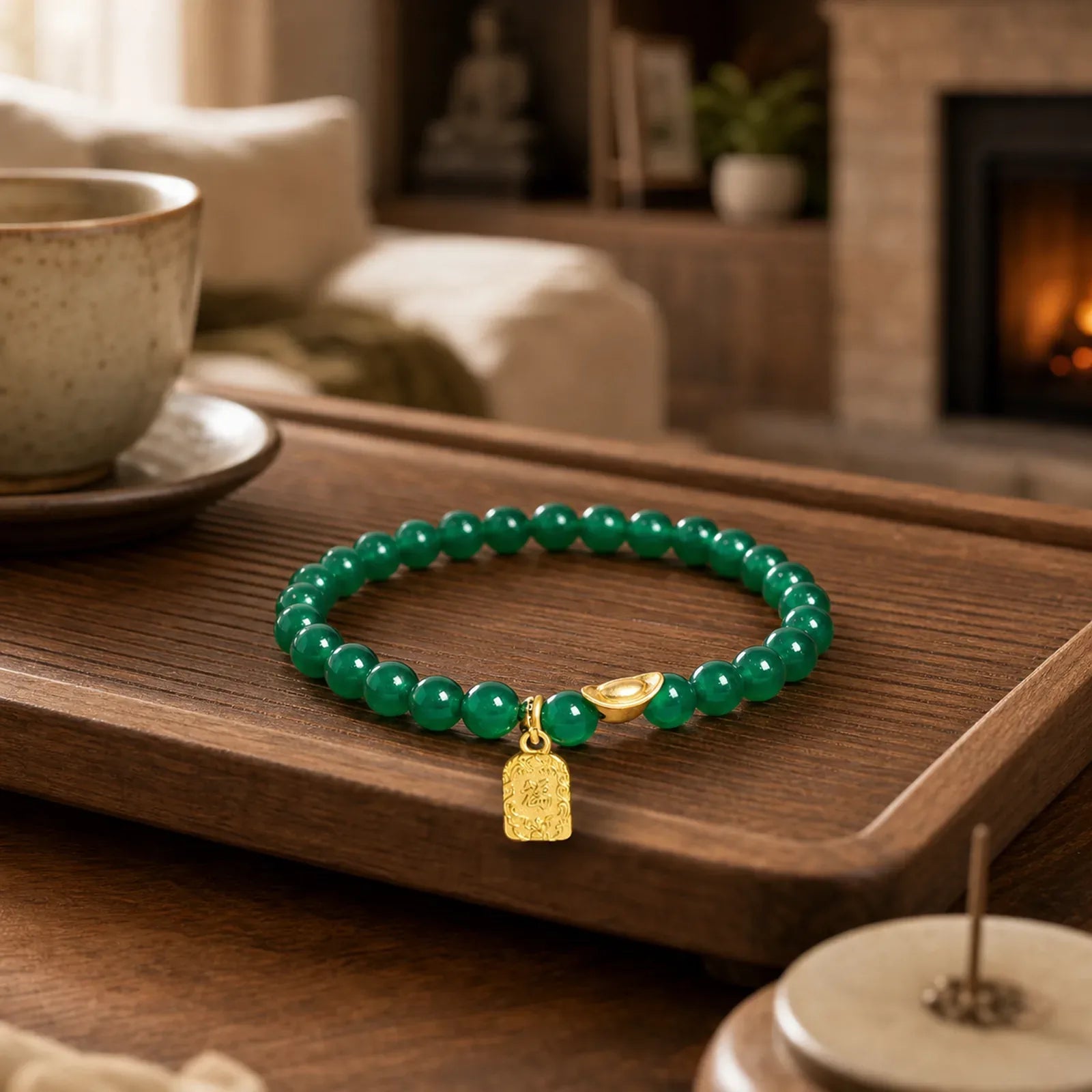 Green Agate Ingot Fu Character Relaxation Hope Bracelet featuring Green Agate, Fu Character