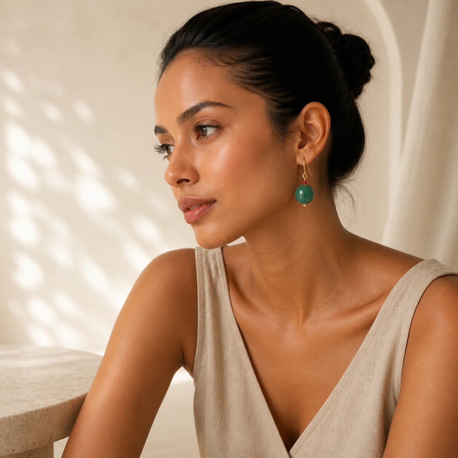 Green Agate Round Support Drop Earrings featuring Green Agate, Copper, Silver