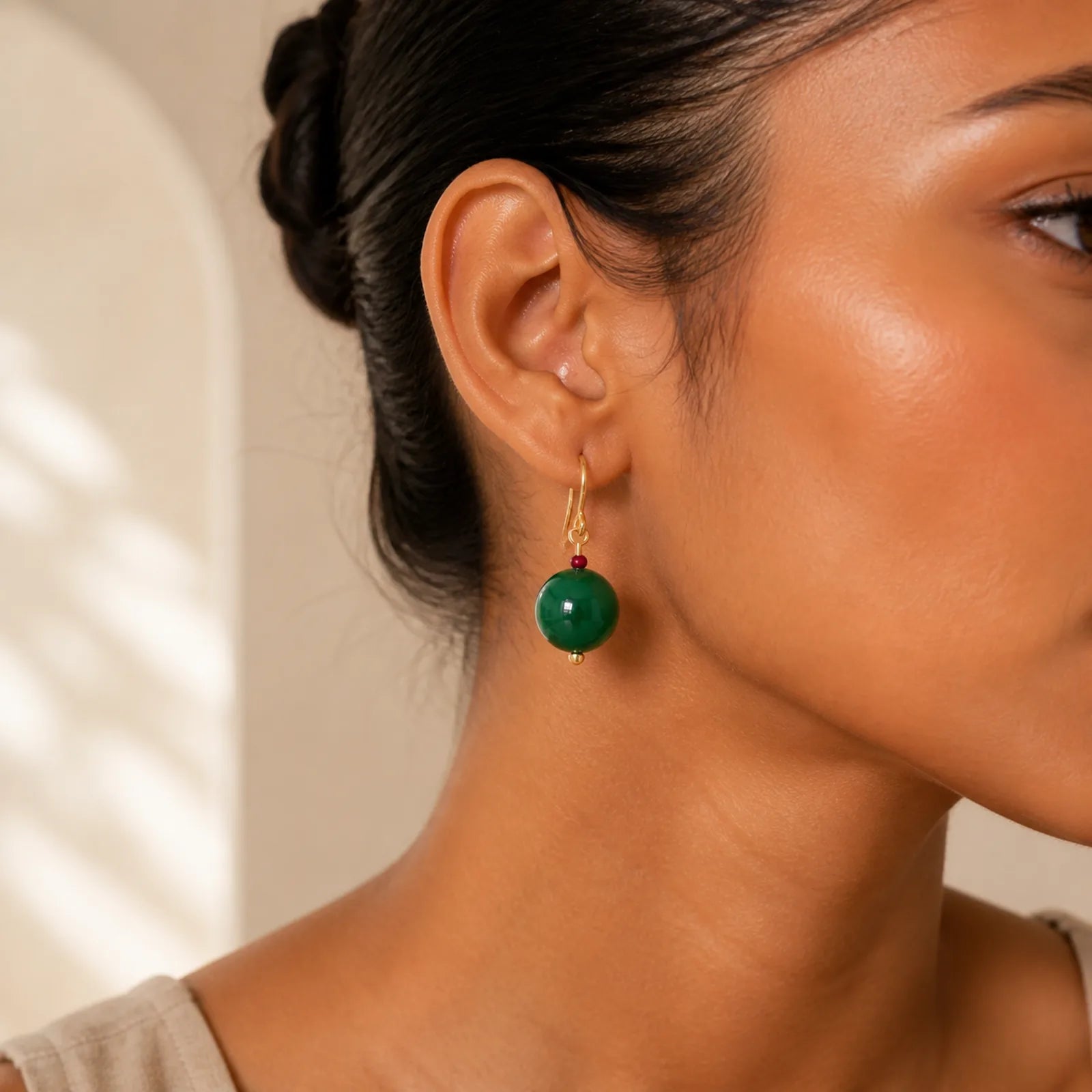 Green Agate Round Support Drop Earrings featuring Green Agate, Copper, Silver