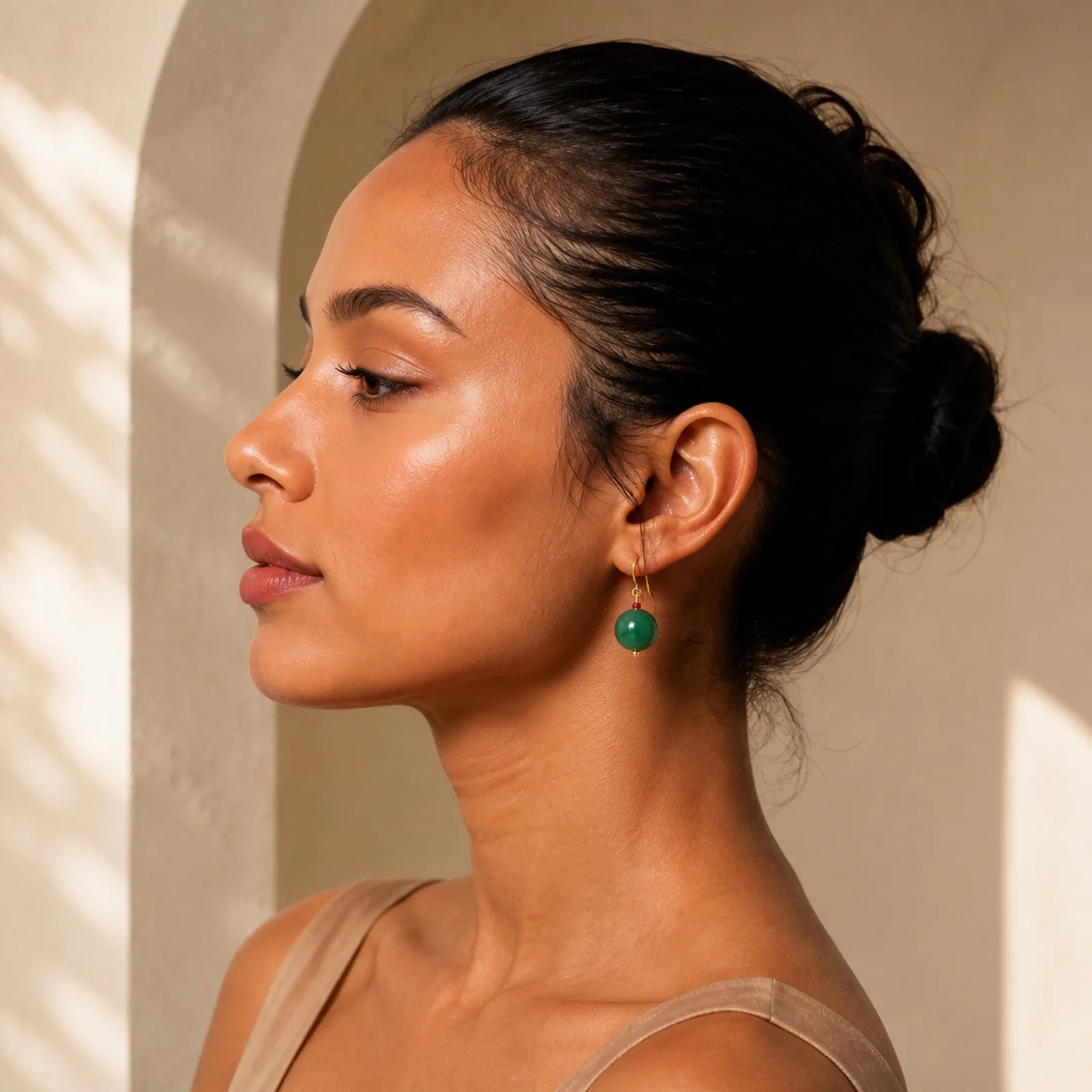 Green Agate Round Support Drop Earrings featuring Green Agate, Copper, Silver