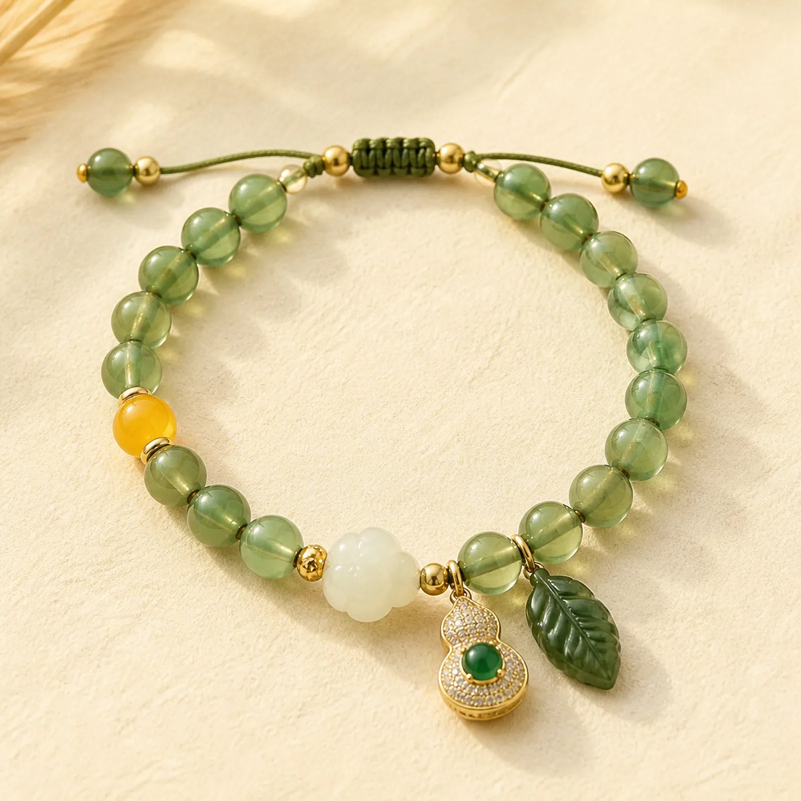 Green Agate White Jade Flower Gourd Leaf Charm Support Bracelet featuring Green Agate, White Jade, Jade