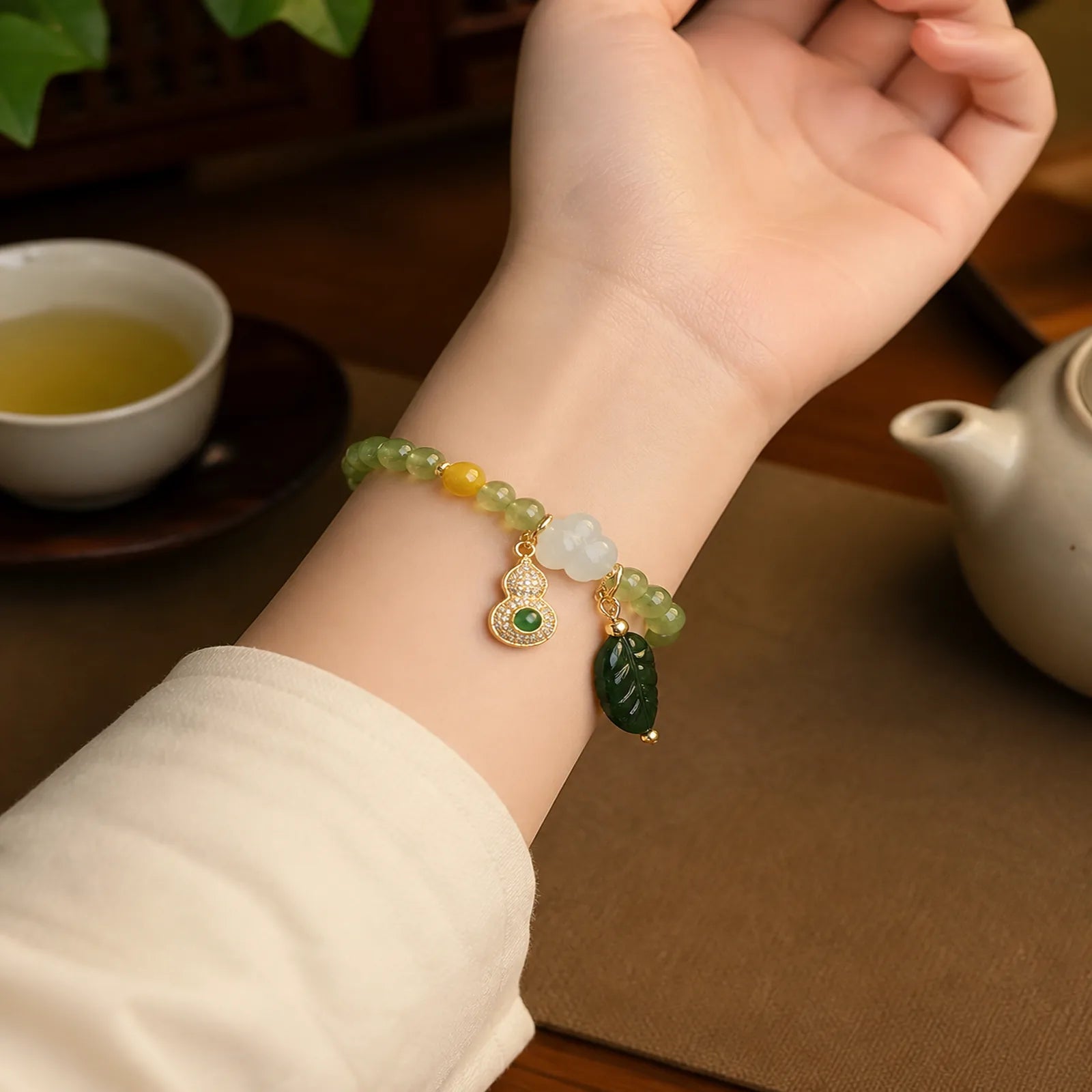Green Agate White Jade Flower Gourd Leaf Charm Support Bracelet featuring Green Agate, White Jade, Jade