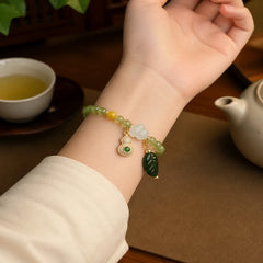 Green Agate White Jade Flower Gourd Leaf Charm Support Bracelet featuring Green Agate, White Jade, Jade