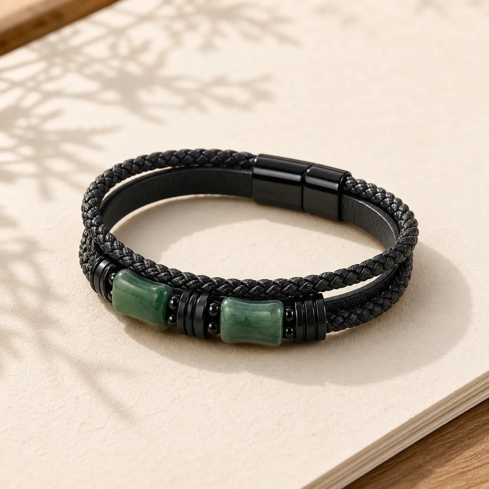 Green Aventurine Amethyst Black Onyx Pink Crystal Positivity Braided Leather Bracelet featuring Green Aventurine, Amethyst, Black Onyx