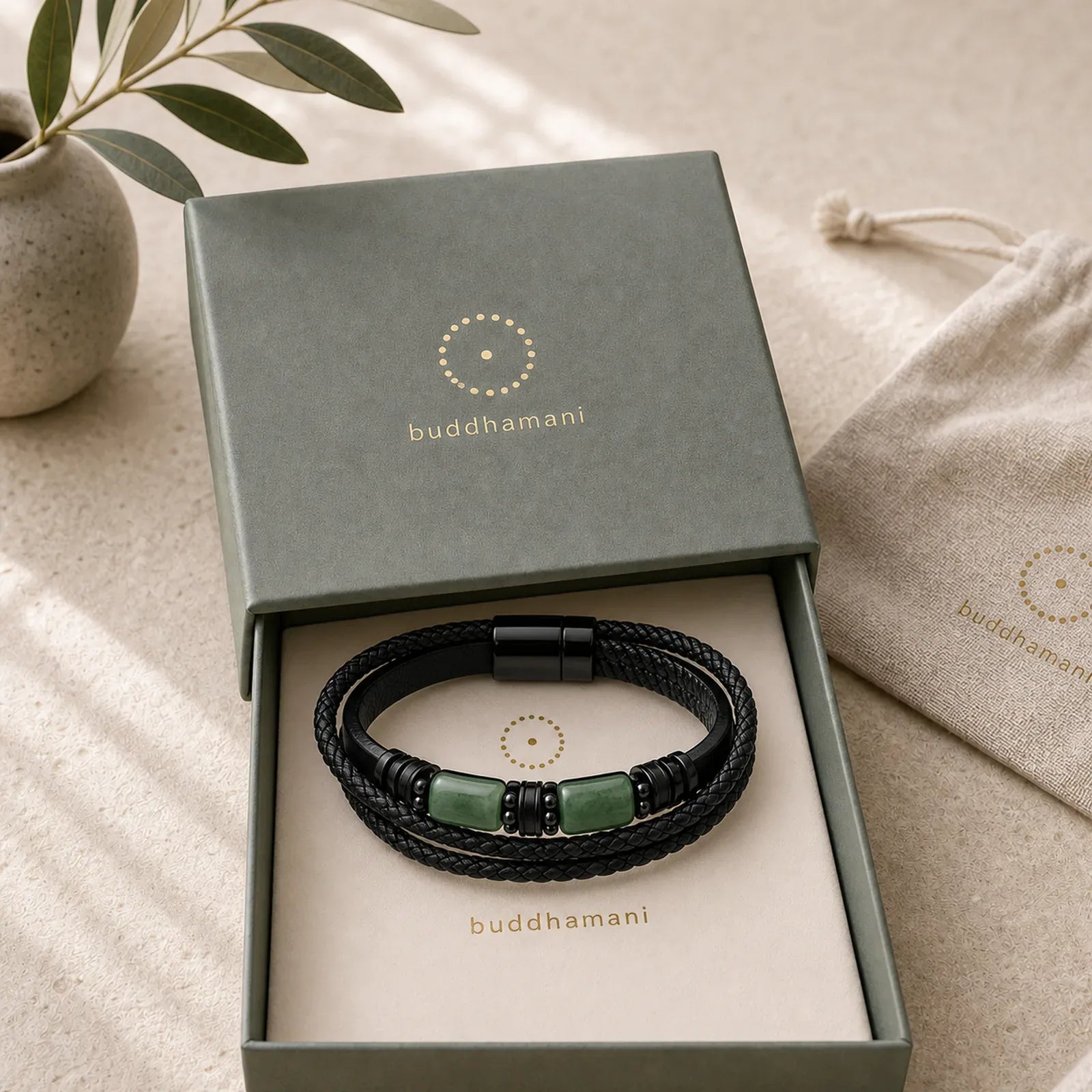 Green Aventurine Amethyst Black Onyx Pink Crystal Positivity Braided Leather Bracelet featuring Green Aventurine, Amethyst, Black Onyx