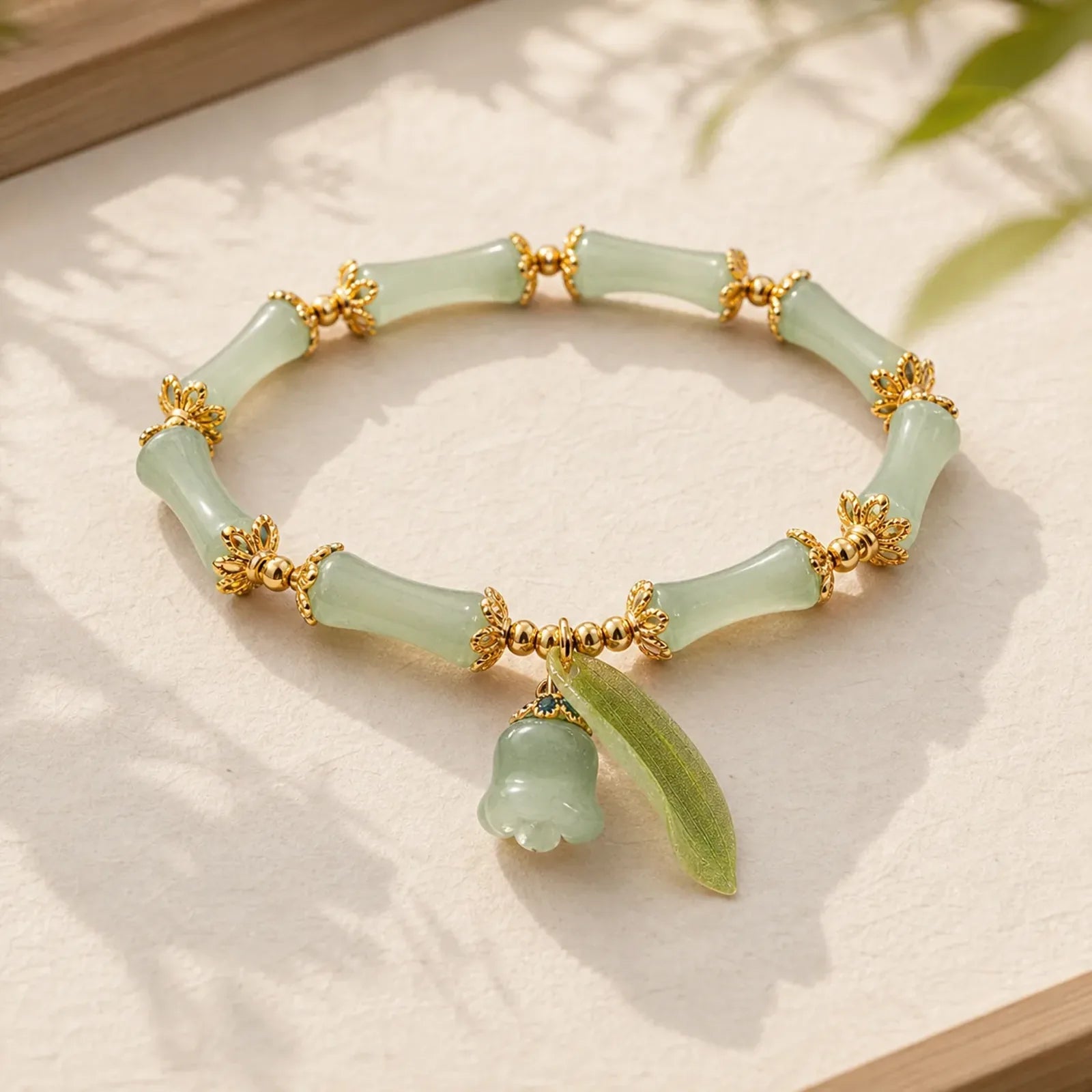 Green Aventurine Bamboo Luck Growth Lily of the Valley Charm Bracelet featuring Green Aventurine, Bamboo, Copper