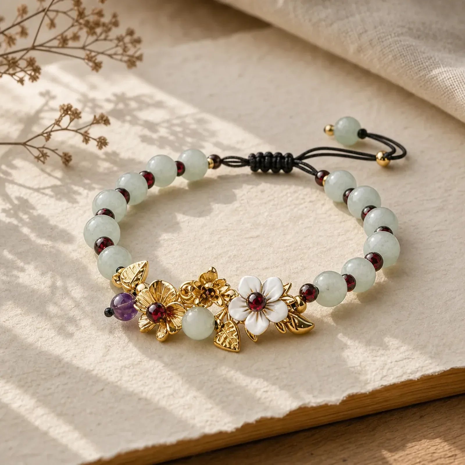 Green Aventurine Garnet Bead Flower Petal Luck Bracelet featuring Green Aventurine, Garnet