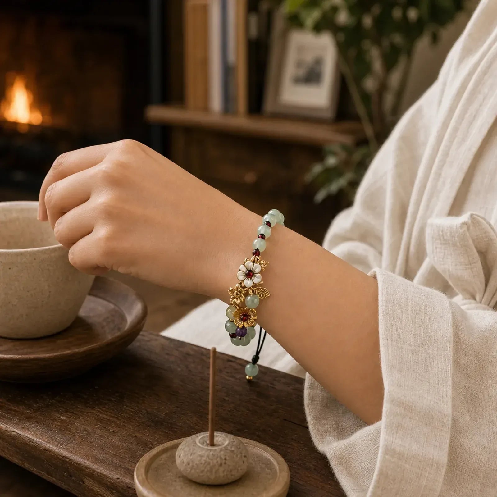 Green Aventurine Garnet Bead Flower Petal Luck Bracelet featuring Green Aventurine, Garnet