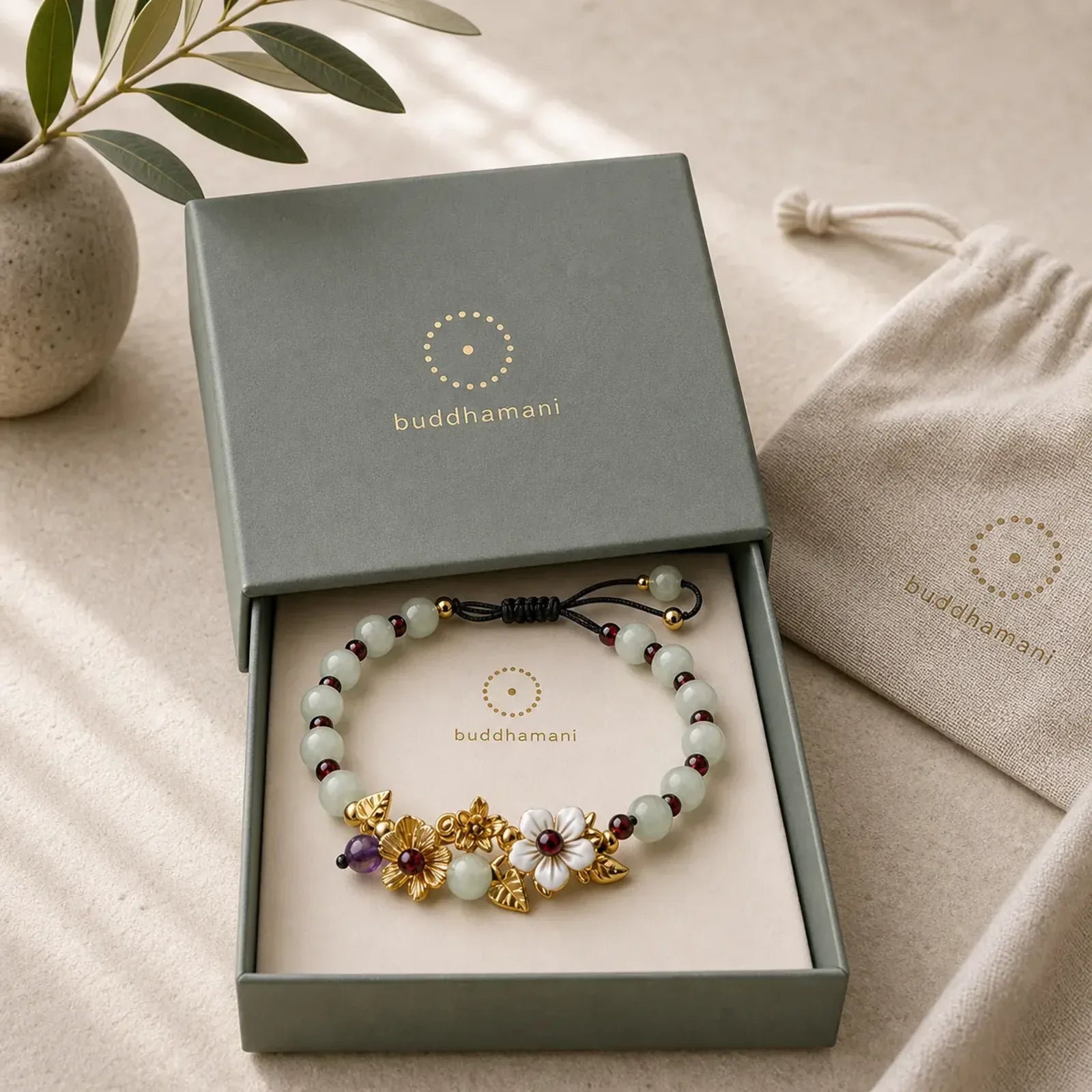Green Aventurine Garnet Bead Flower Petal Luck Bracelet featuring Green Aventurine, Garnet
