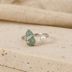 Green Aventurine Gourd Pearl Leaf Open Adjustable Positivity Ring featuring Green Aventurine, Pearl, Copper