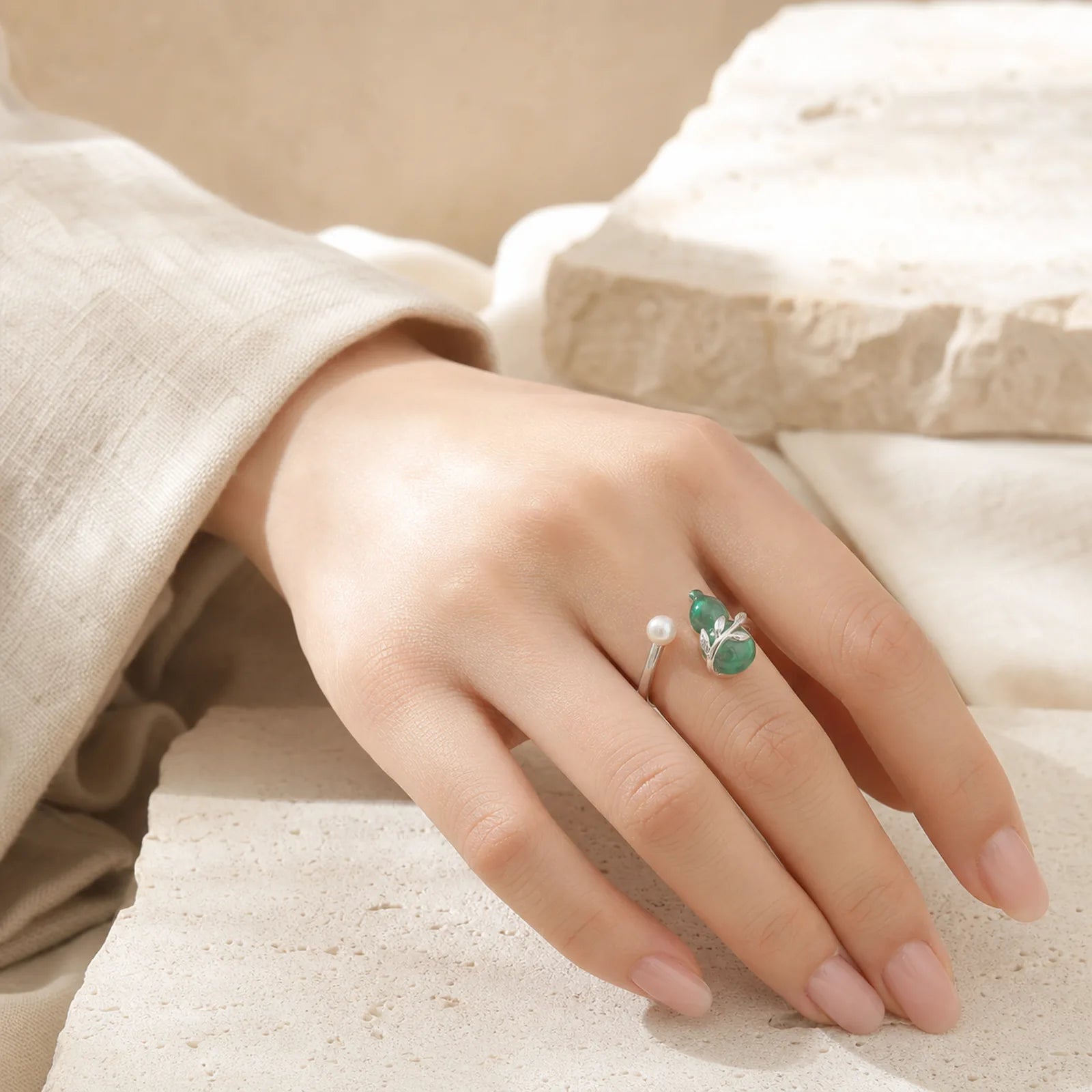 Green Aventurine Gourd Pearl Leaf Open Adjustable Positivity Ring featuring Green Aventurine, Pearl, Copper