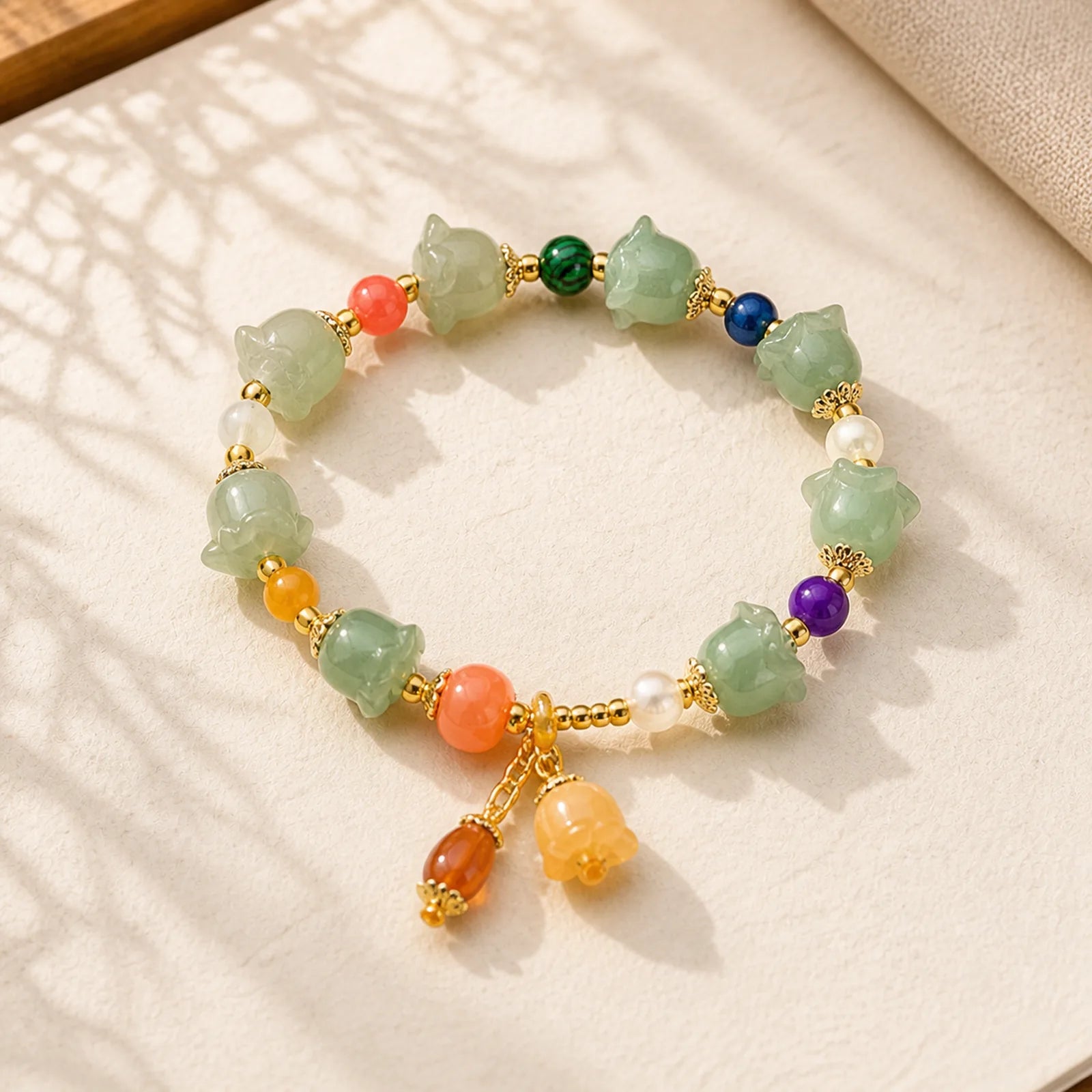 Green Aventurine Magnolia Flower Luck Bracelet featuring Green Aventurine, Golden Silk Jade, Pearl