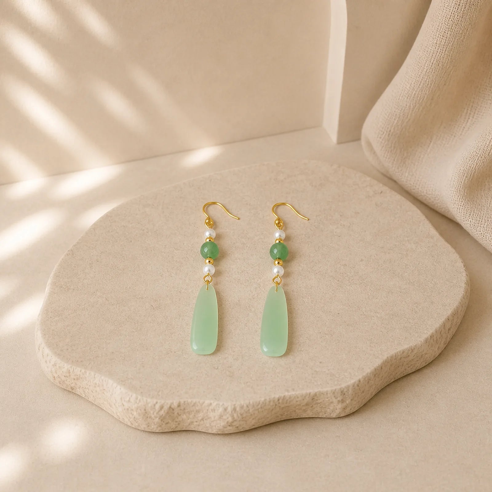 Green Aventurine Pearl Liuli Teardrop Luck Earrings featuring Green Aventurine, Pearl, Copper