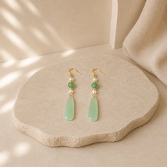 Green Aventurine Pearl Liuli Teardrop Luck Earrings featuring Green Aventurine, Pearl, Copper