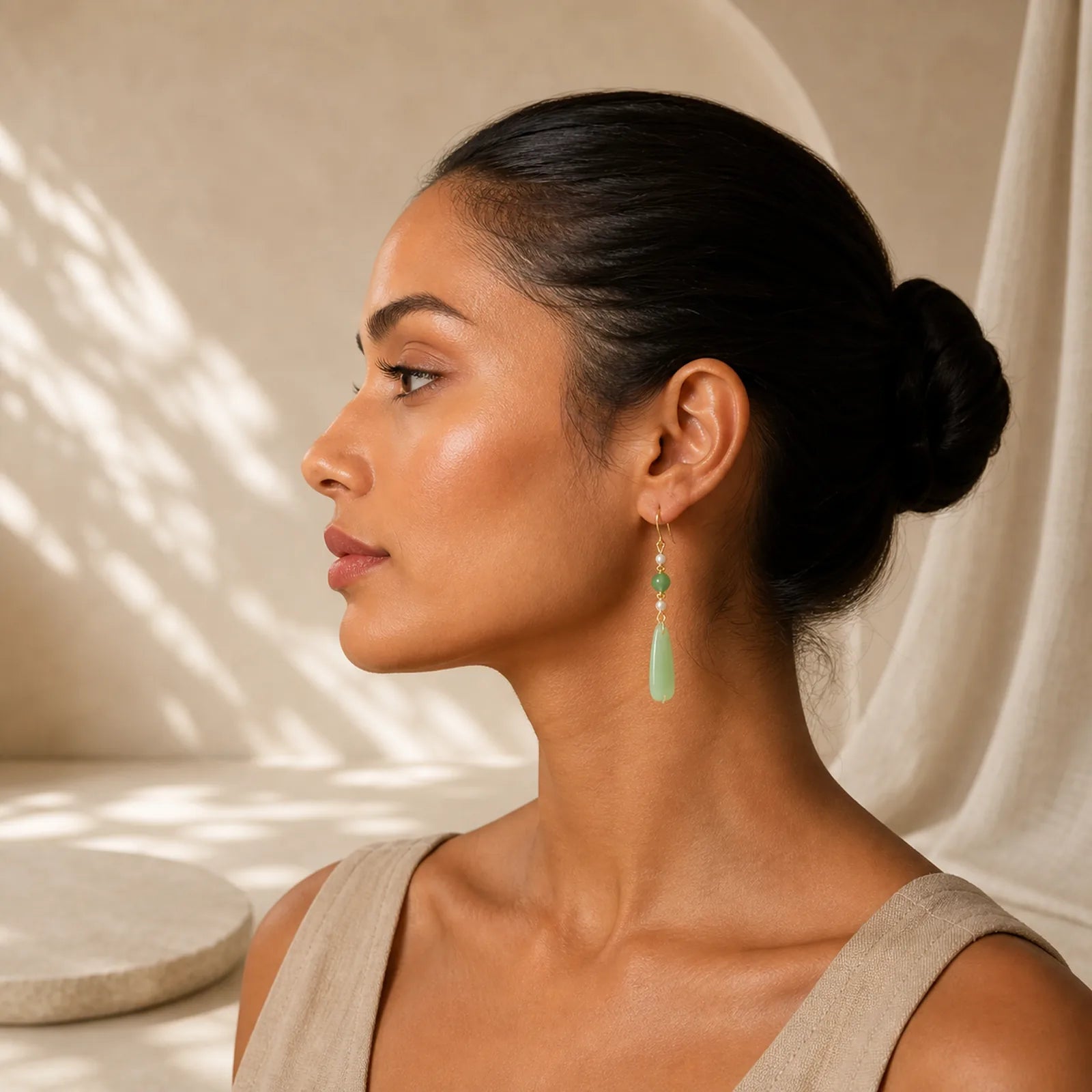 Green Aventurine Pearl Liuli Teardrop Luck Earrings featuring Green Aventurine, Pearl, Copper