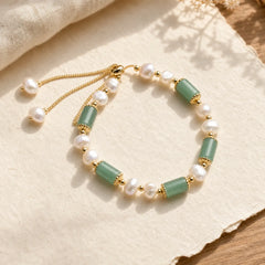 Green Aventurine Pearl Pink Crystal Bead Luck Bracelet featuring Green Aventurine, Pearl, Pink Crystal