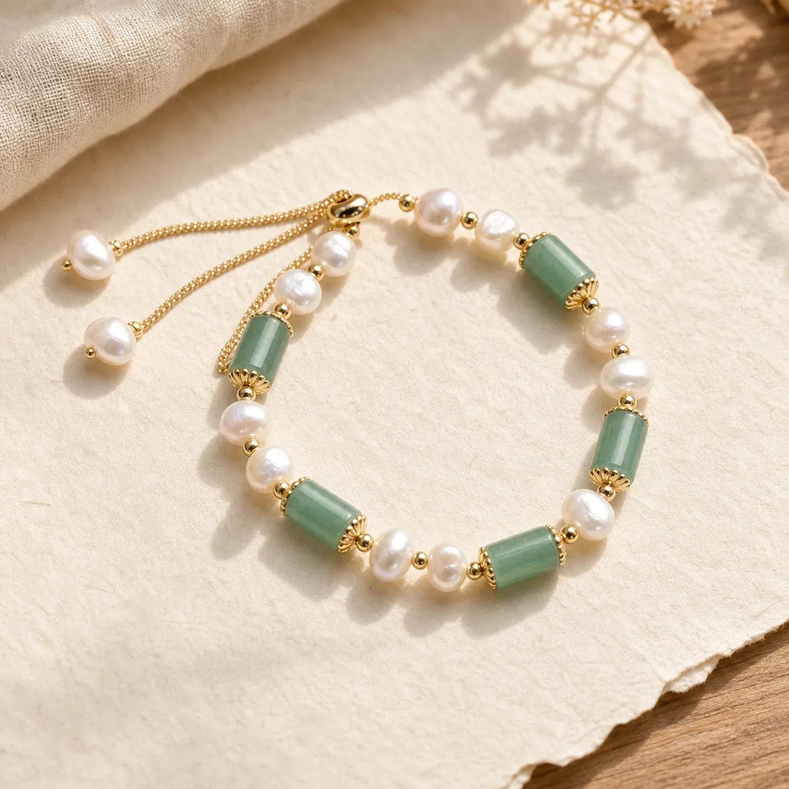 Green Aventurine Pearl Pink Crystal Bead Luck Bracelet featuring Green Aventurine, Pearl, Pink Crystal