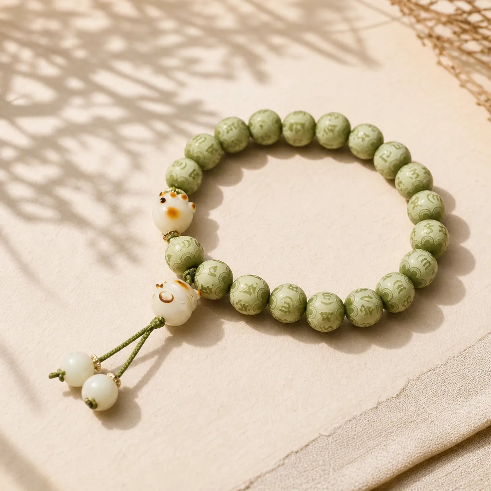 Green Bodhi Seed Cat Paw Om Mani Padme Hum Engraved Wisdom Bracelet featuring Bodhi Seed, Om Mani Padme Hum, Om