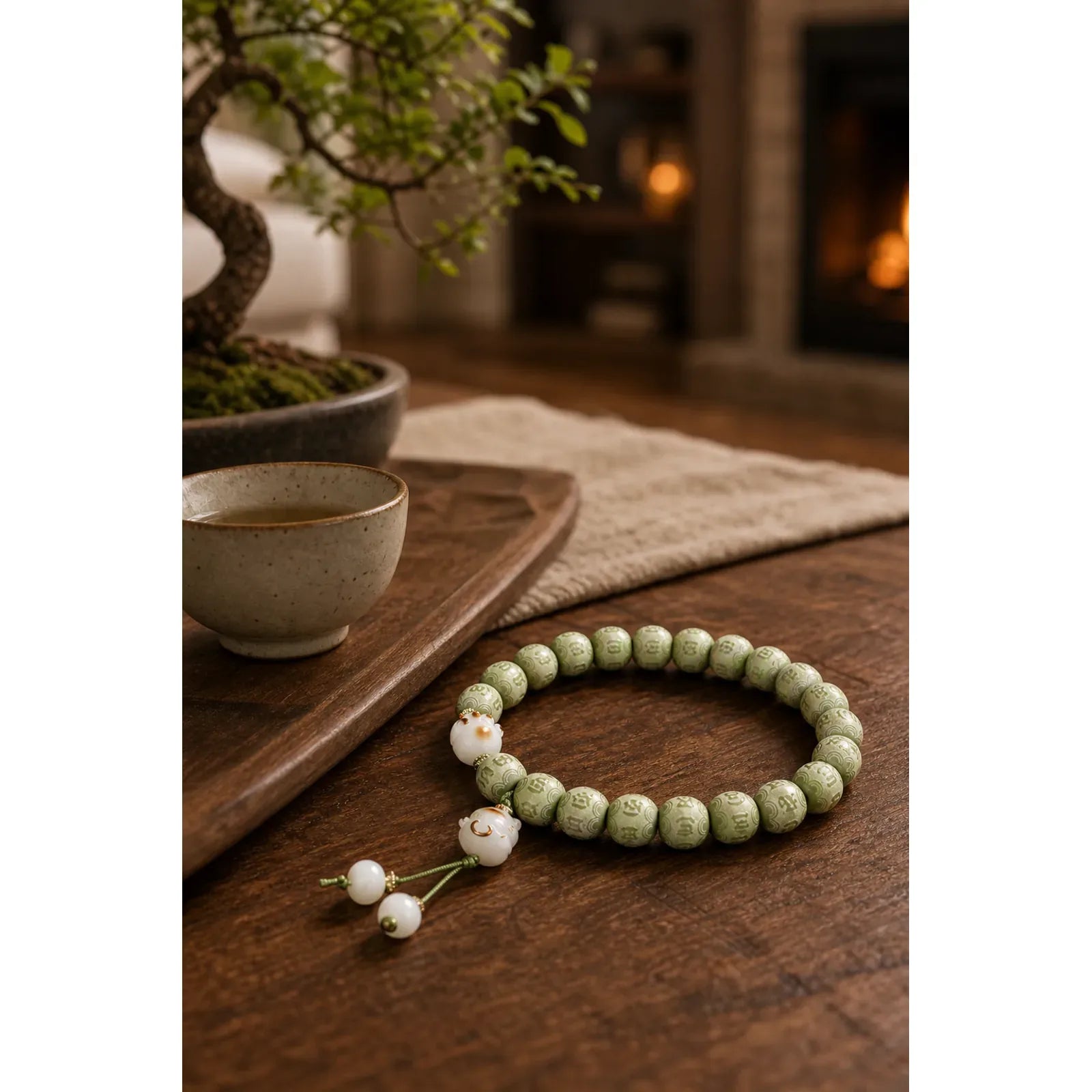 Green Bodhi Seed Cat Paw Om Mani Padme Hum Engraved Wisdom Bracelet featuring Bodhi Seed, Om Mani Padme Hum, Om