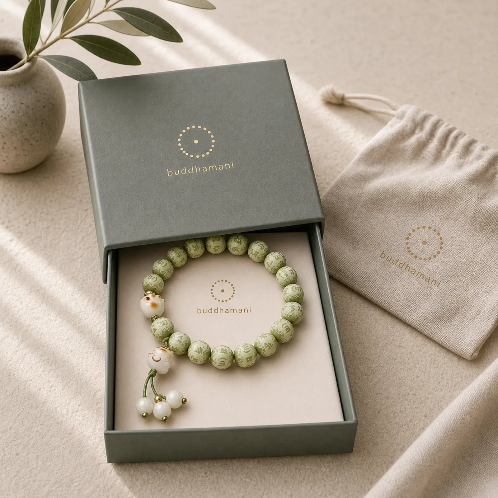 Green Bodhi Seed Cat Paw Om Mani Padme Hum Engraved Wisdom Bracelet featuring Bodhi Seed, Om Mani Padme Hum, Om