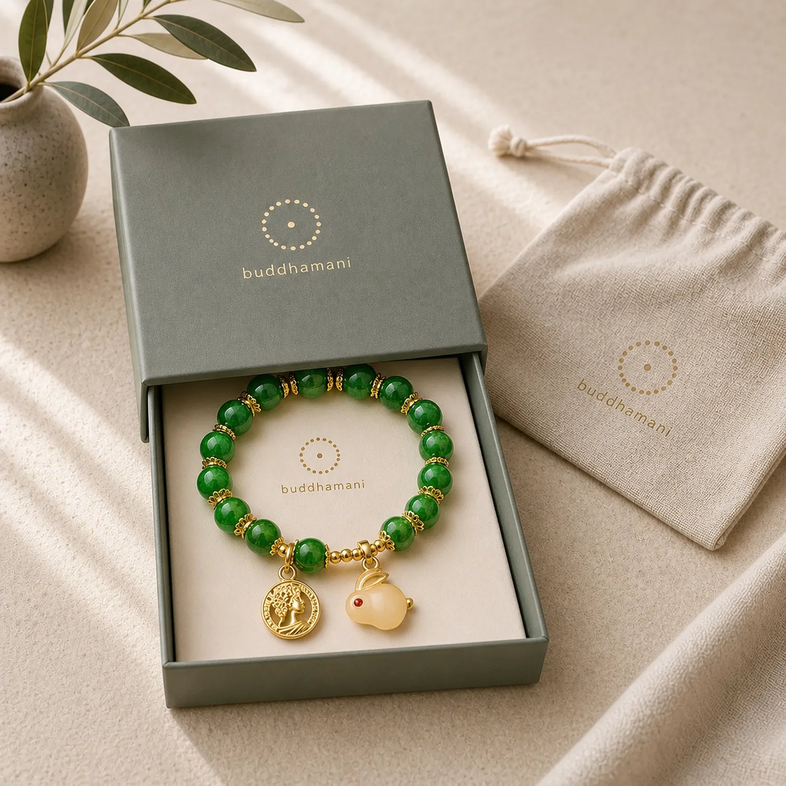 Green Calcite Lovely Rabbit Charm Clarity Bracelet featuring Green Calcite