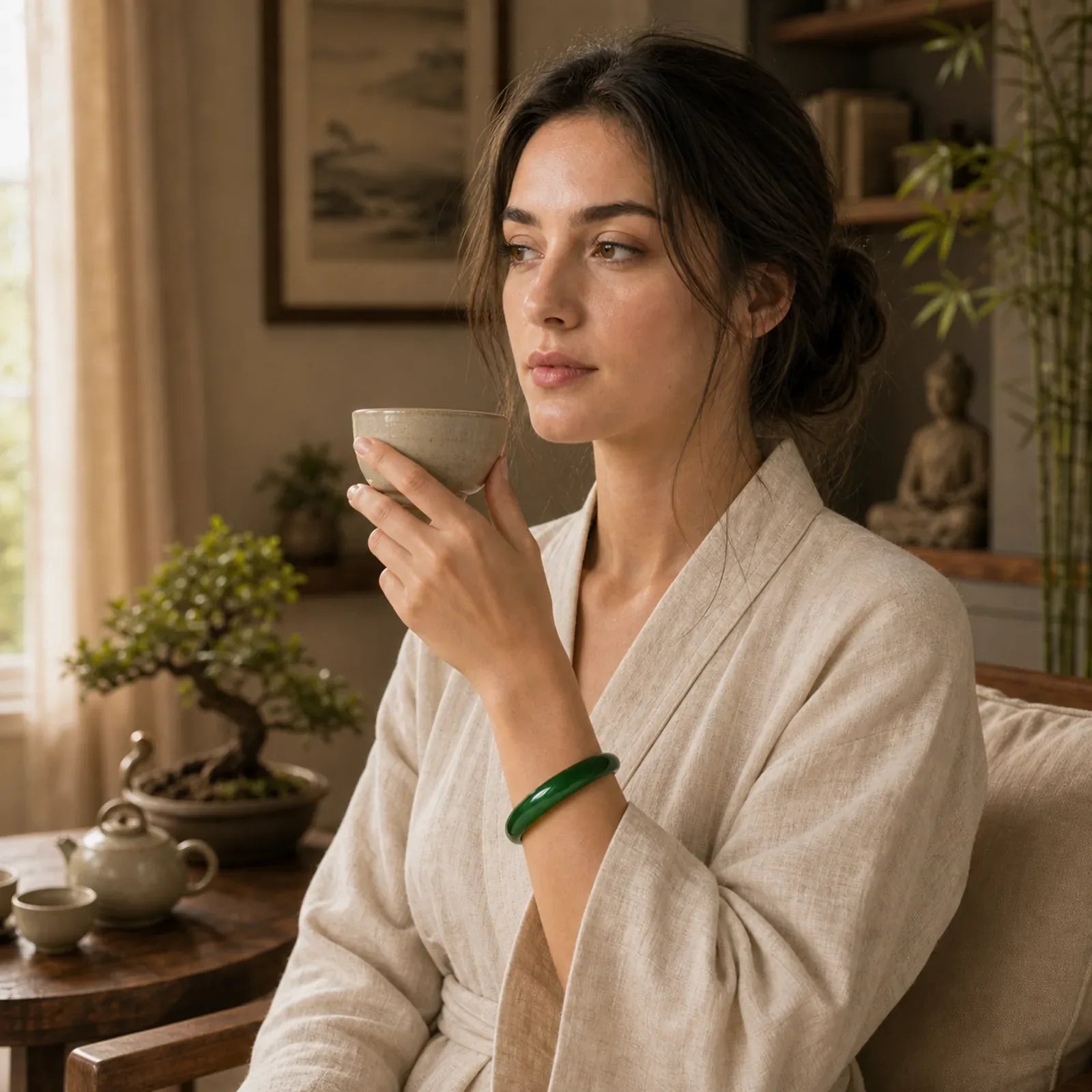 Green Cat's Eye Stone Relieve Stress Wealth Thin Cuff Bangle Bracelet featuring Green Cat's Eye, Cat's Eye / Chrysoberyl