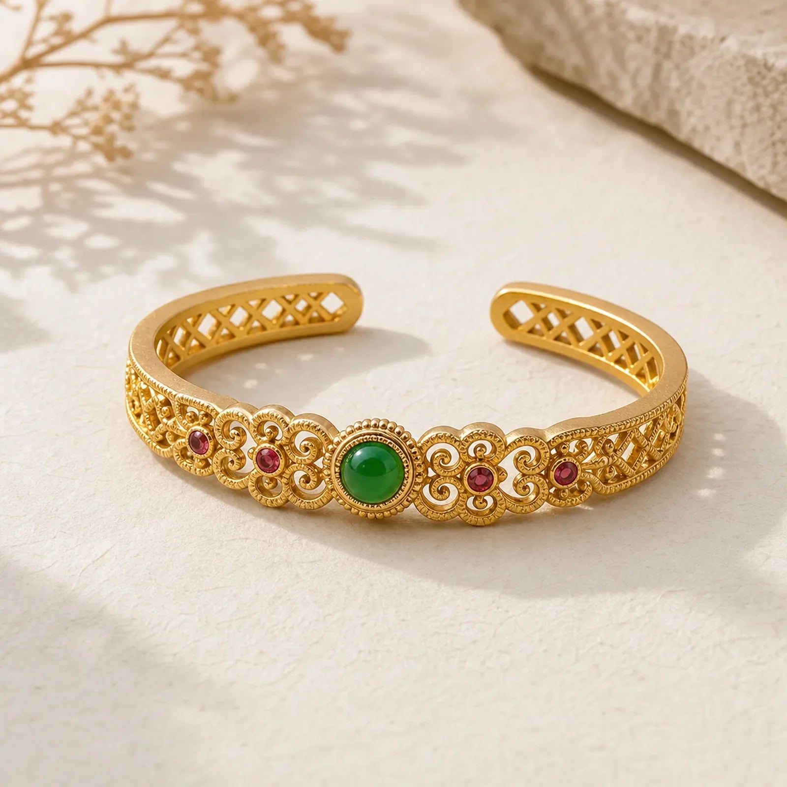 Green Chalcedony 24k Gold Plated Copper Strength Cuff Bracelet Bangle featuring Green Chalcedony, Chalcedony, Copper