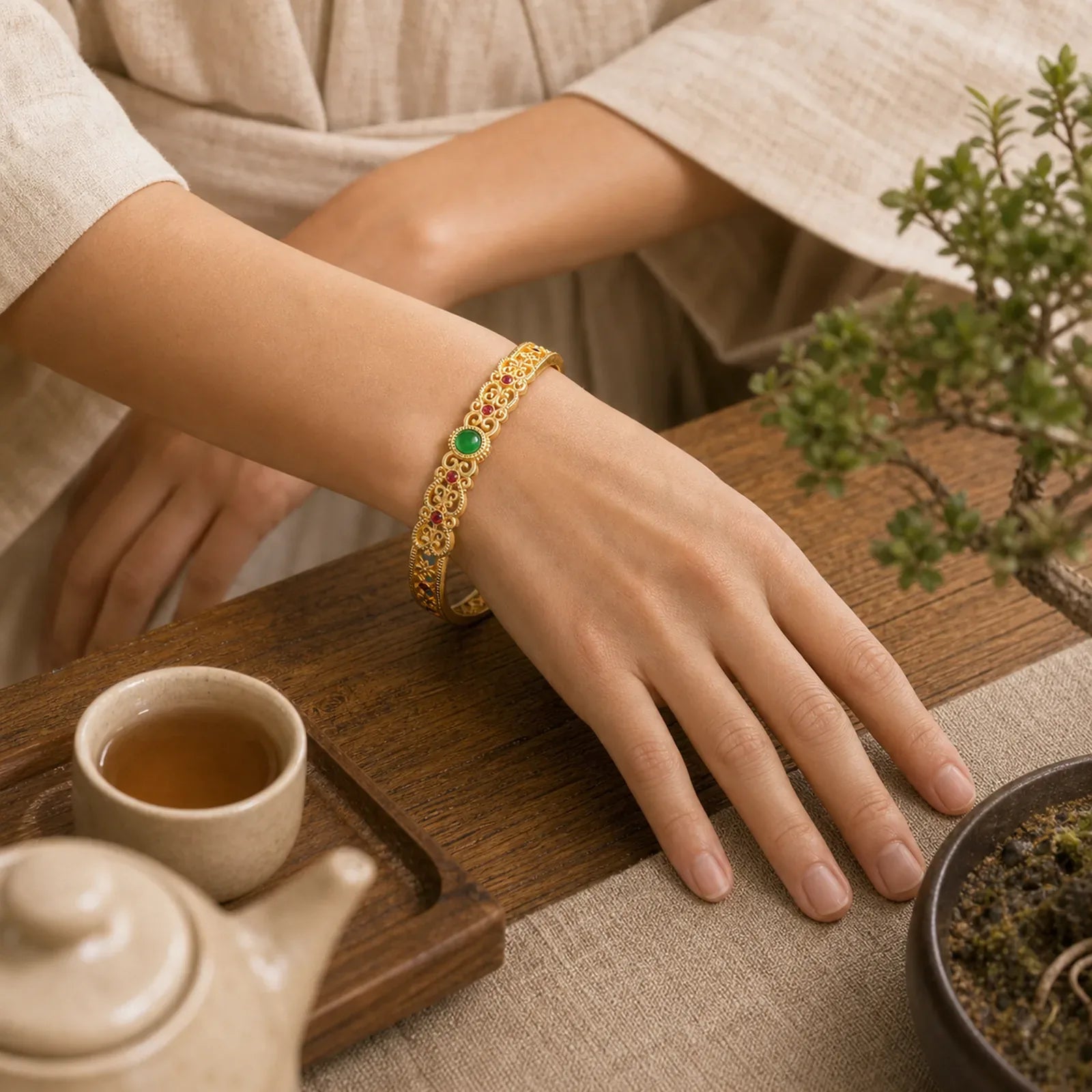 Green Chalcedony 24k Gold Plated Copper Strength Cuff Bracelet Bangle featuring Green Chalcedony, Chalcedony, Copper