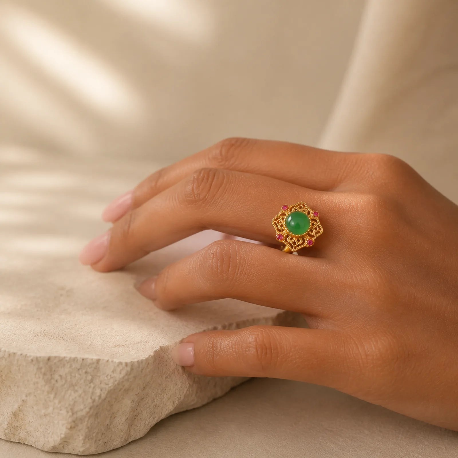 Green Chalcedony Hollow Pattern Strength Adjustable Ring featuring Green Chalcedony, Chalcedony, Copper