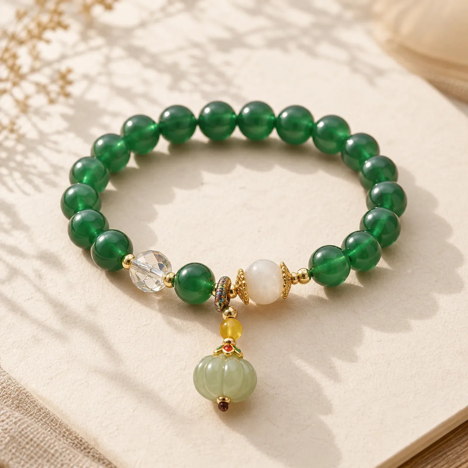 Green Crystal Pumpkin Bead Relax Calm Bracelet featuring Green Crystal