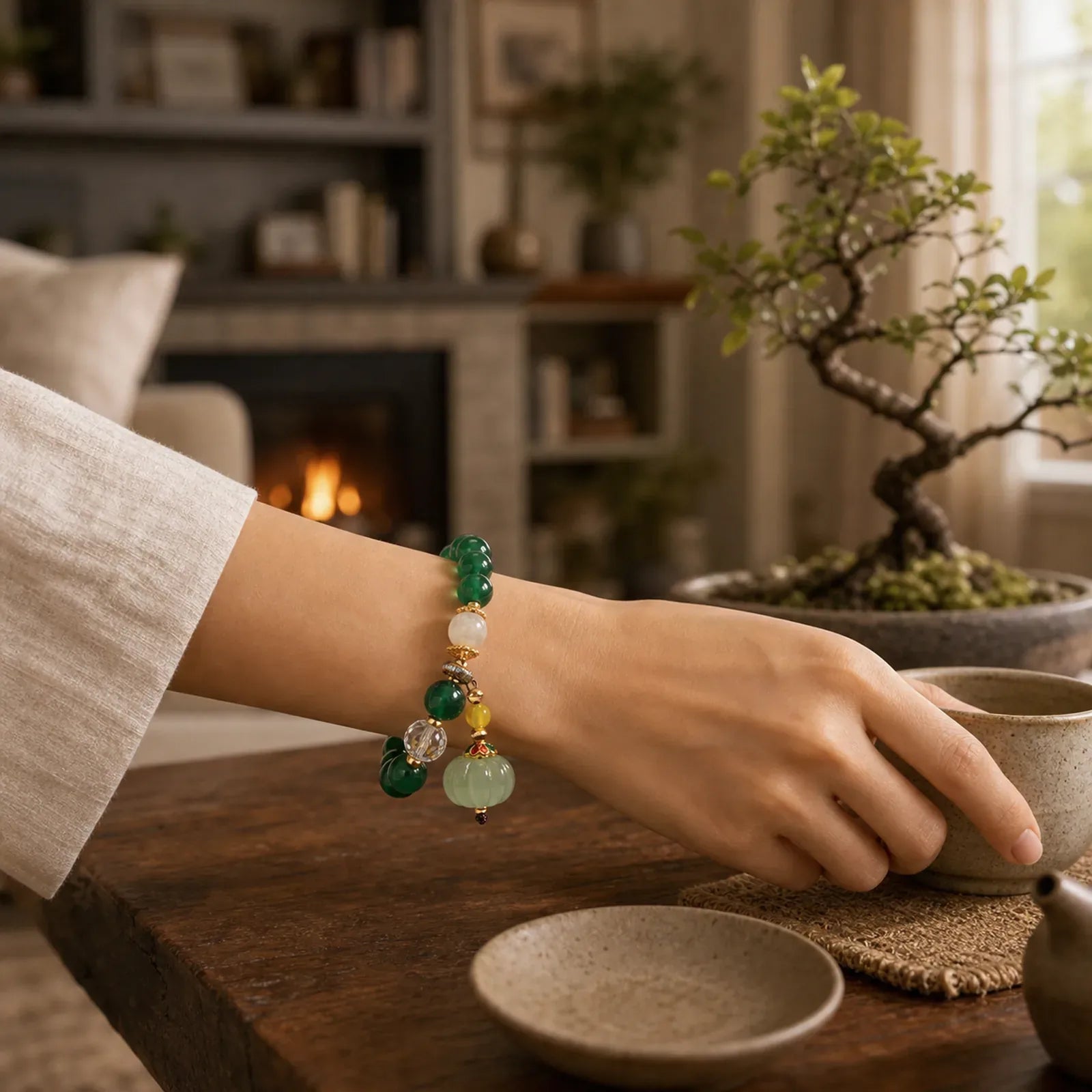Green Crystal Pumpkin Bead Relax Calm Bracelet featuring Green Crystal