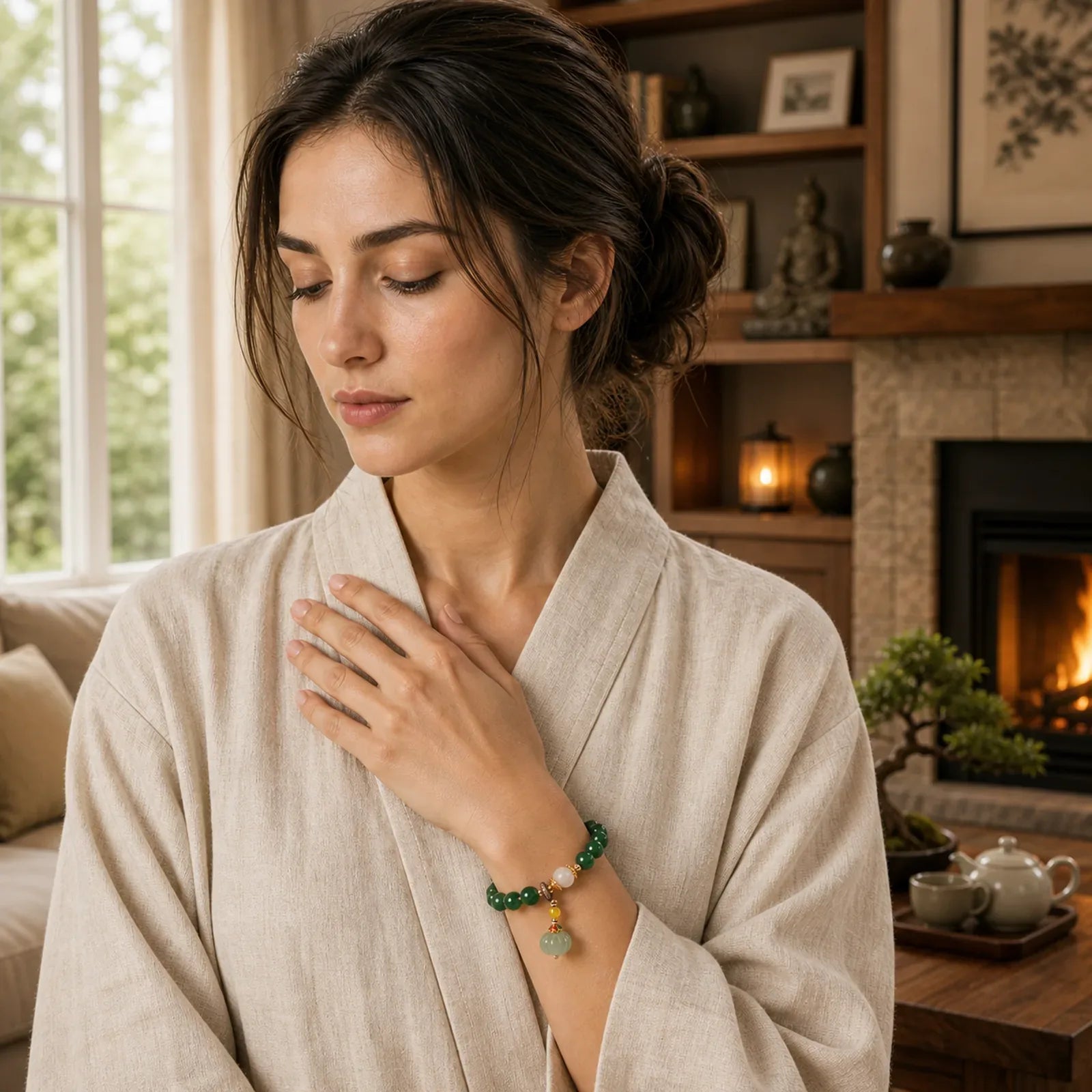 Green Crystal Pumpkin Bead Relax Calm Bracelet featuring Green Crystal