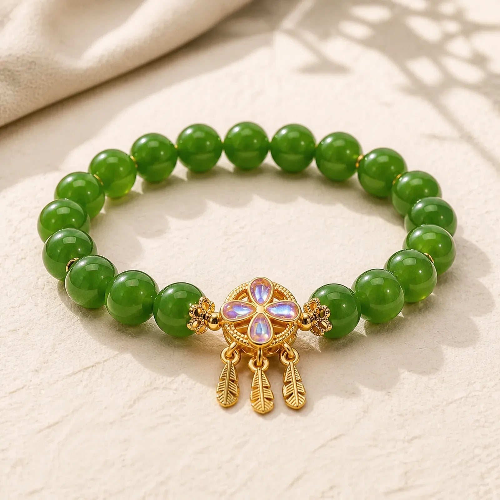 Green Jade Dreamcatcher Four Leaf Clover Luck Bracelet featuring Green Jade, Jade
