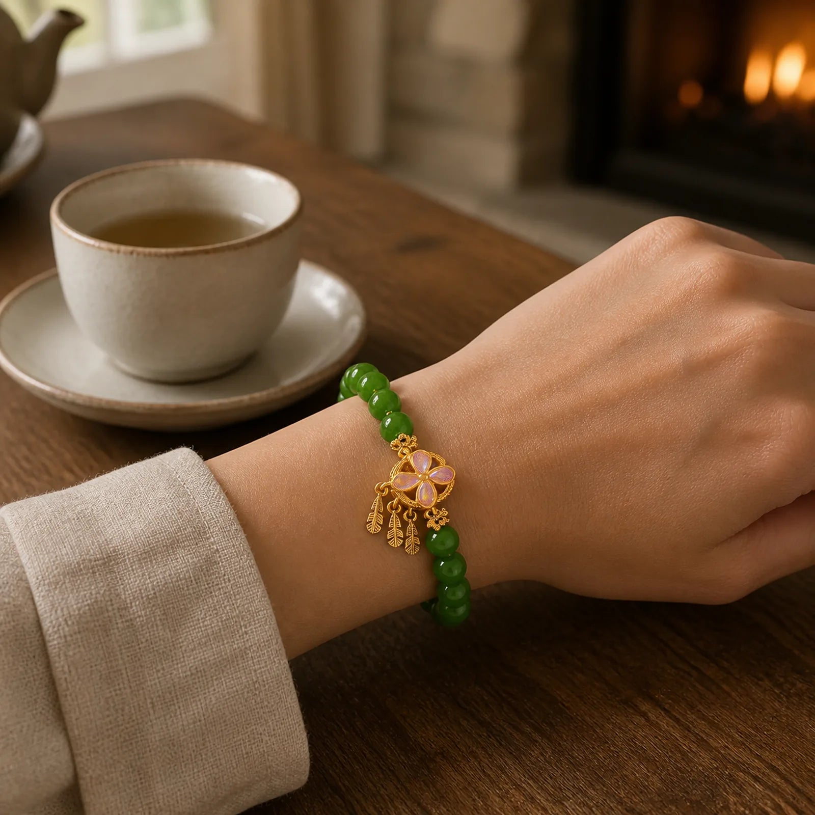 Green Jade Dreamcatcher Four Leaf Clover Luck Bracelet featuring Green Jade, Jade