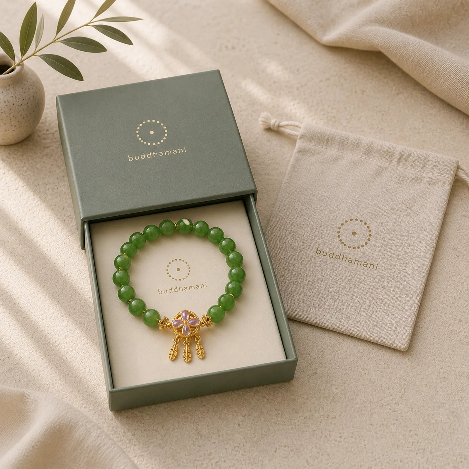 Green Jade Dreamcatcher Four Leaf Clover Luck Bracelet featuring Green Jade, Jade