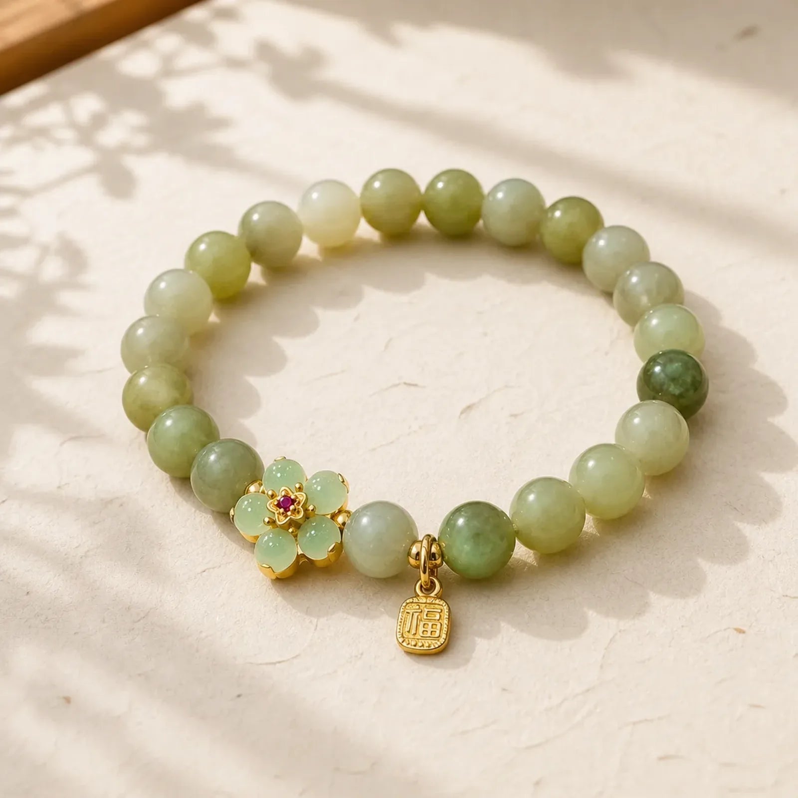 Green Jade Flower Fu Character Charm Luck Bracelet featuring Green Jade, Jade, Fu Character