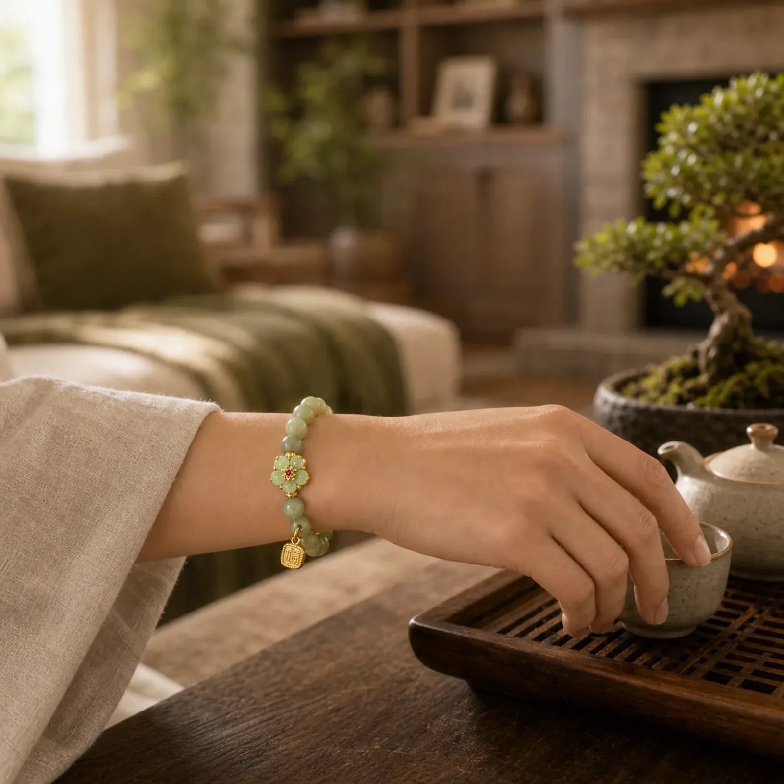 Green Jade Flower Fu Character Charm Luck Bracelet featuring Green Jade, Jade, Fu Character