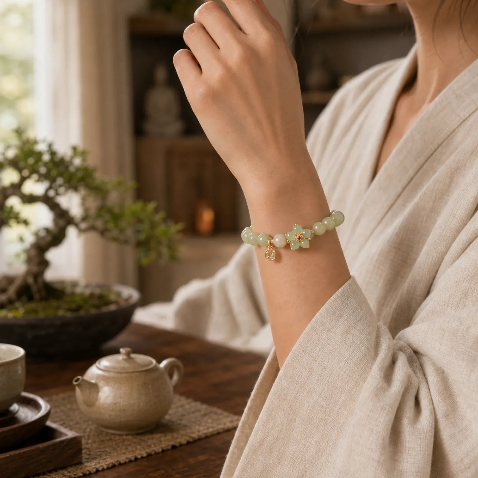 Green Jade Flower Fu Character Charm Luck Bracelet featuring Green Jade, Jade, Fu Character
