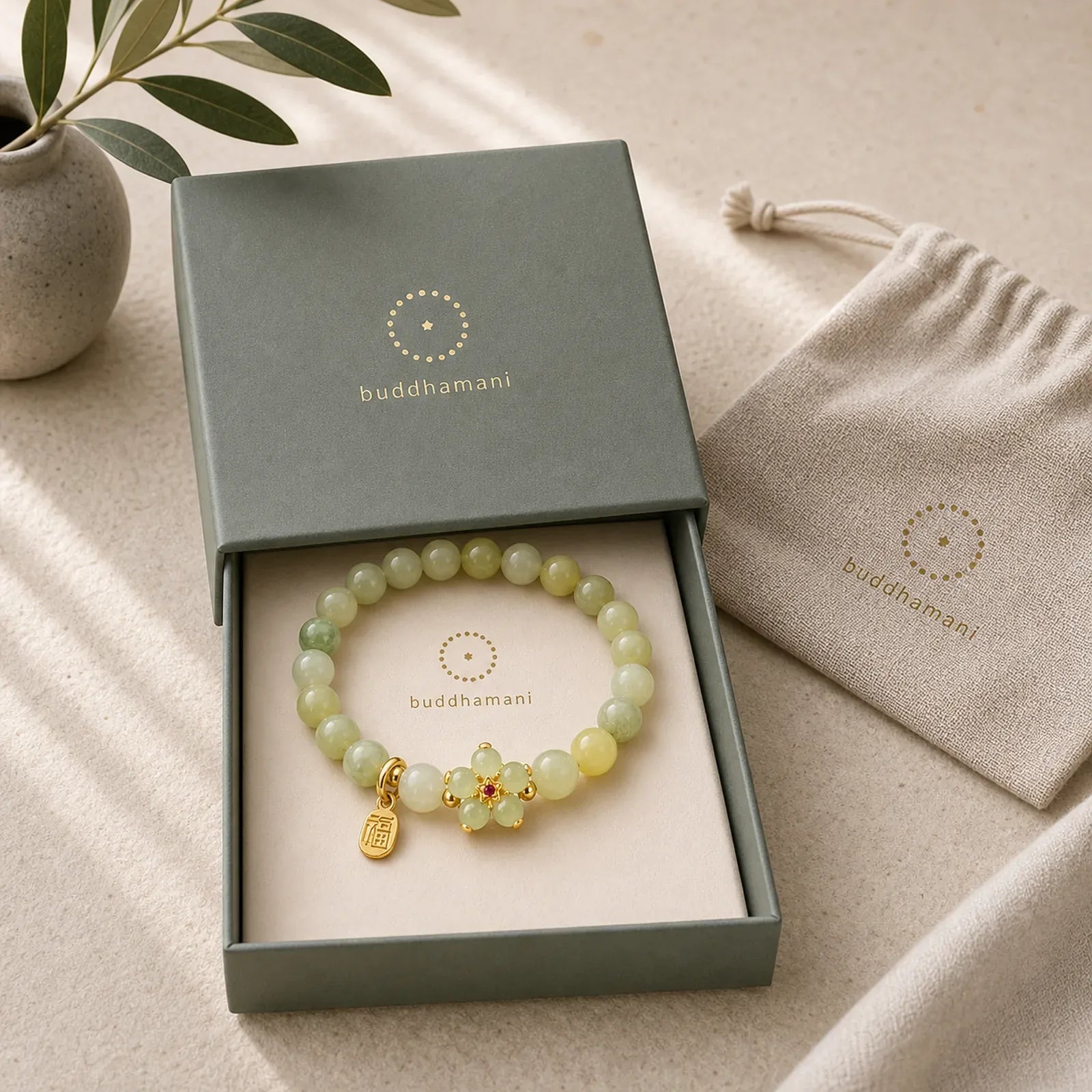 Green Jade Flower Fu Character Charm Luck Bracelet featuring Green Jade, Jade, Fu Character