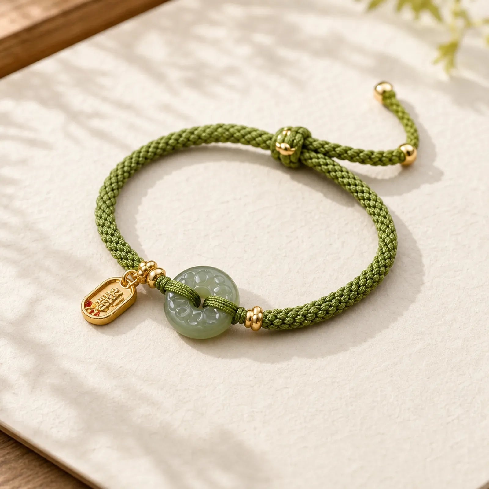 Green Jade Peace Buckle Green Rope Bracelet featuring Green Jade, Jade, Peace Buckle