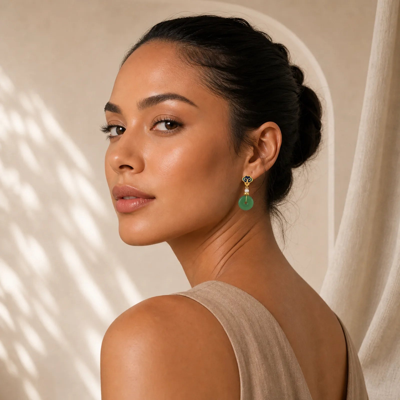 Green Liuli Round Peace Buckle Fortune Dangle Earrings featuring Peace Buckle, Copper, Silver