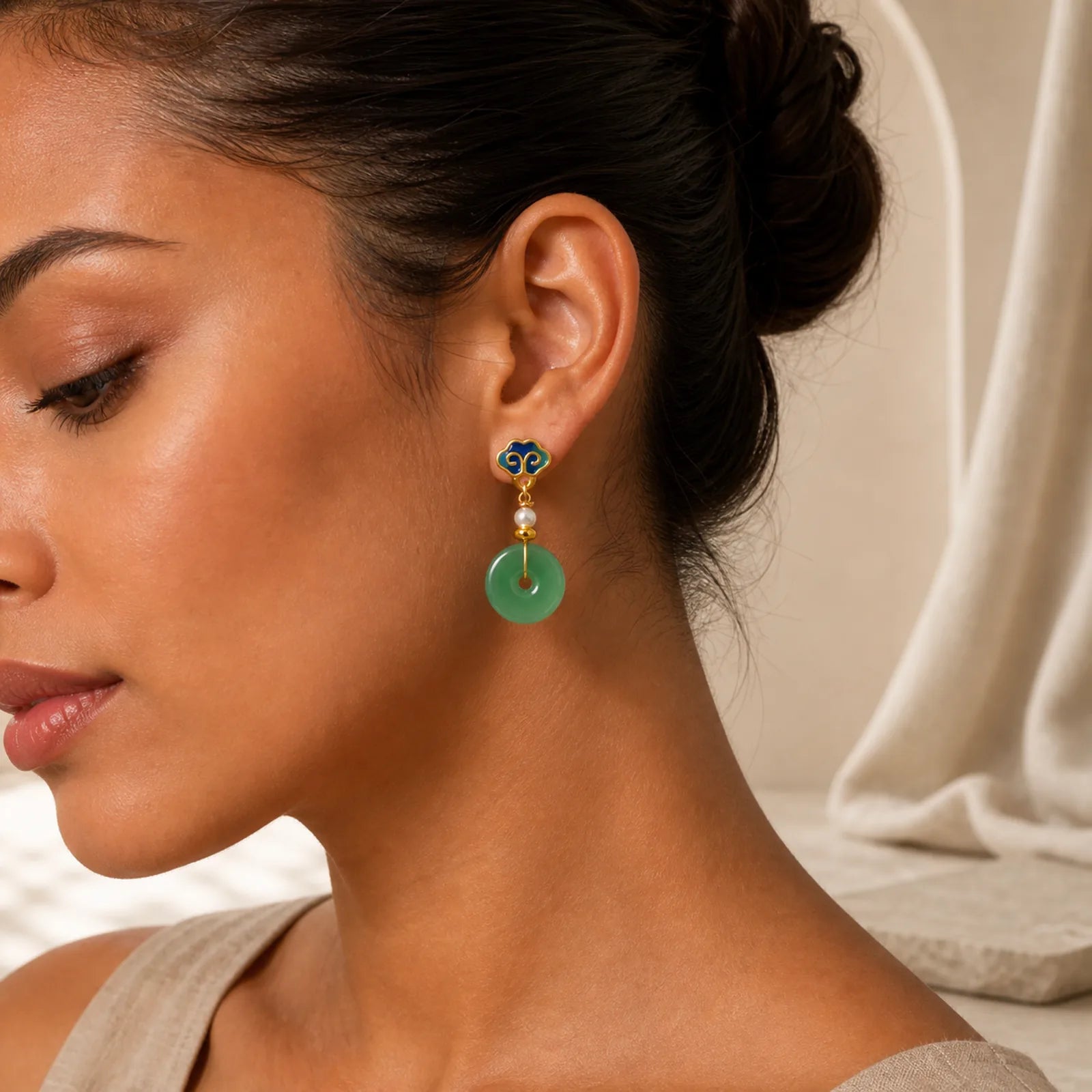 Green Liuli Round Peace Buckle Fortune Dangle Earrings featuring Peace Buckle, Copper, Silver