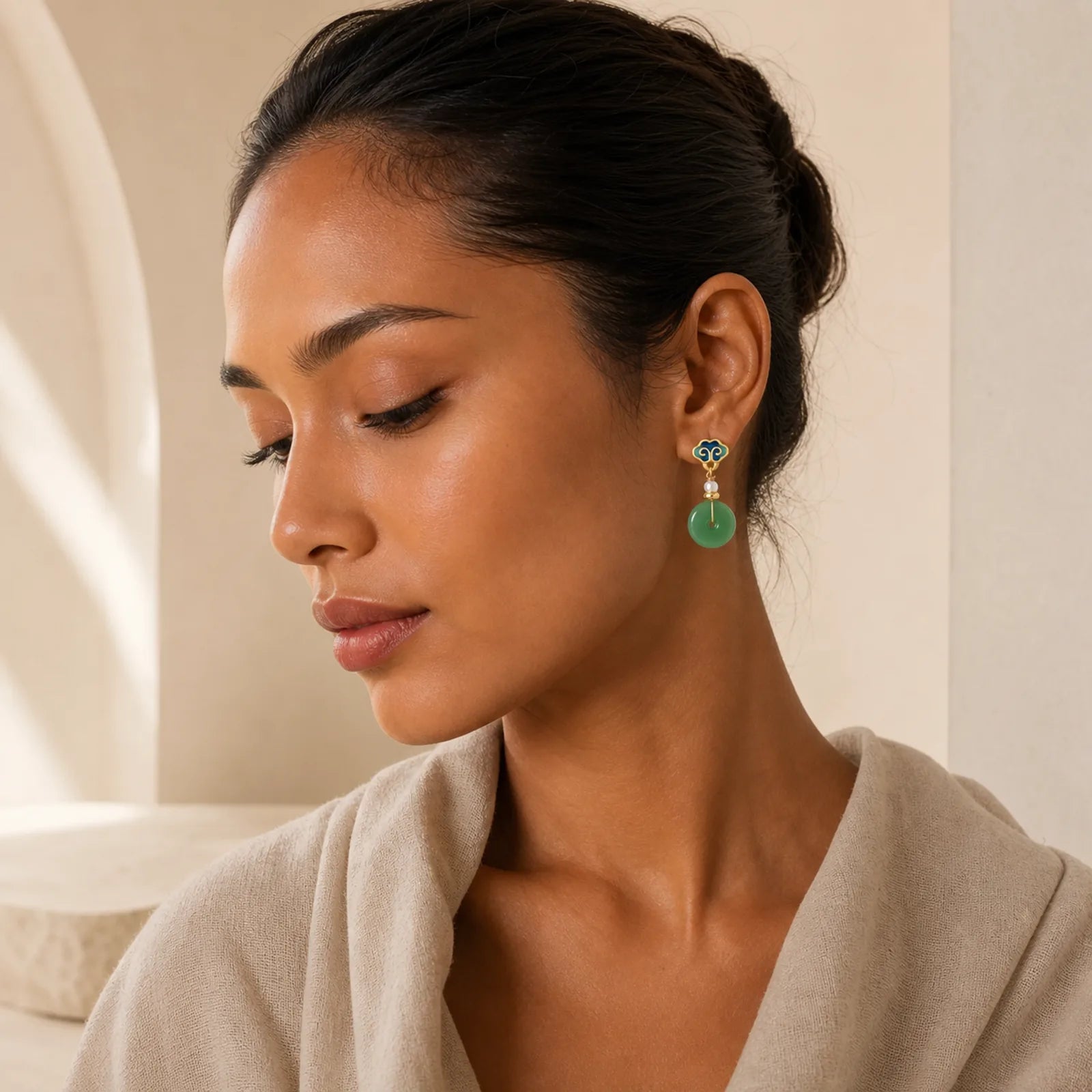 Green Liuli Round Peace Buckle Fortune Dangle Earrings featuring Peace Buckle, Copper, Silver