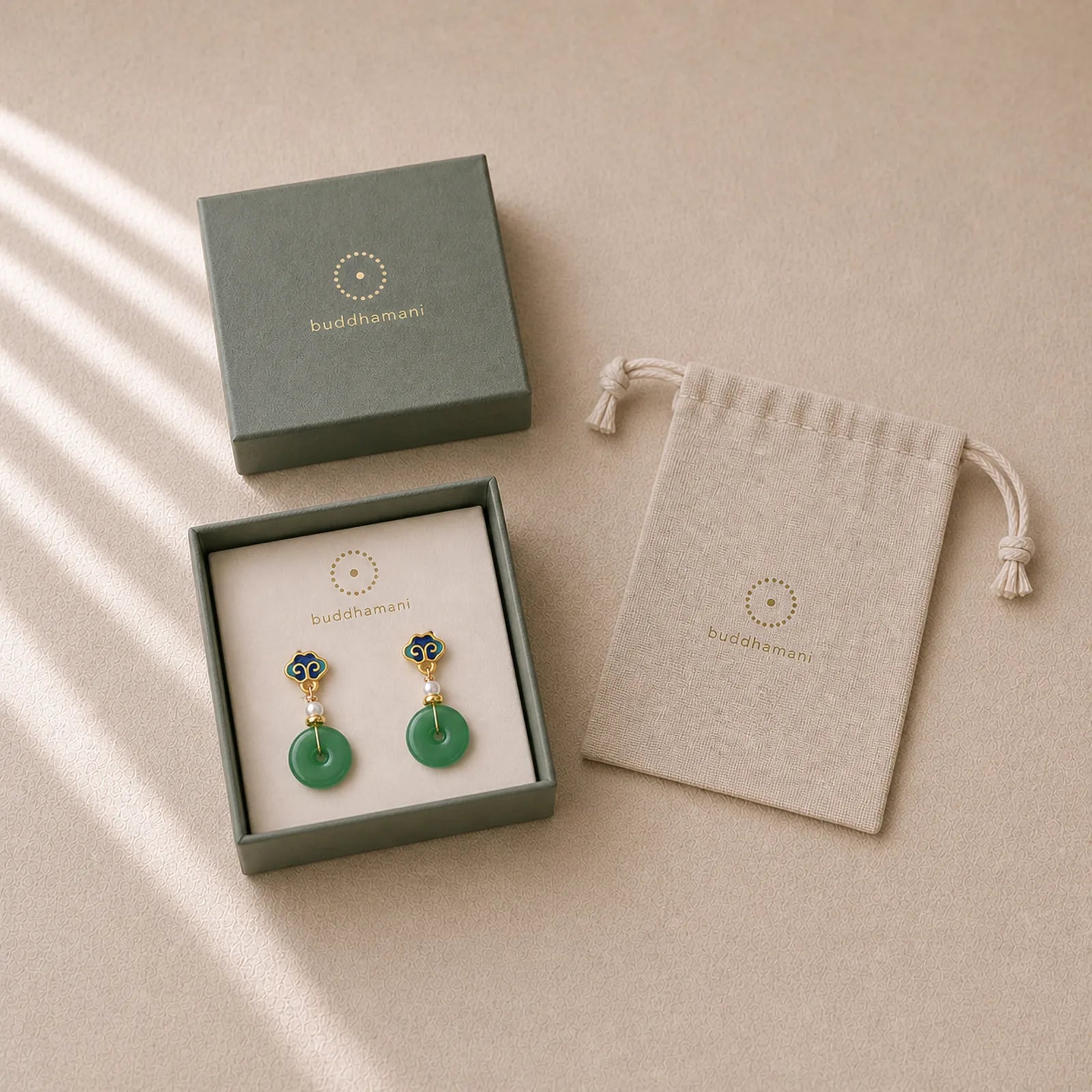 Green Liuli Round Peace Buckle Fortune Dangle Earrings featuring Peace Buckle, Copper, Silver